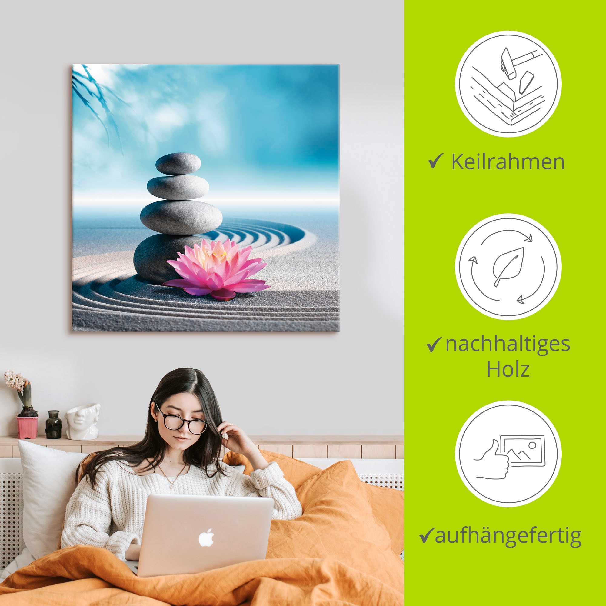 Artland Leinwandbild »Sand, Lilie und Spa-Steine in Zen-Garten« Zen 1 Stk. tlg. auf Holzrahmen gespannt