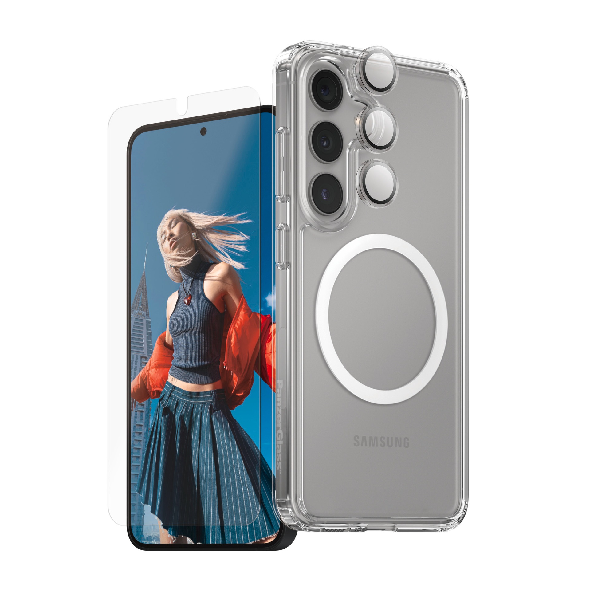 CARE by PanzerGlass Displayschutzglas »3-in-1 Protection Set«, für Samsung Galaxy S25, Displayschutzfolie, Schutzfolie, Bildschirmschutz, kratz- & stossfest