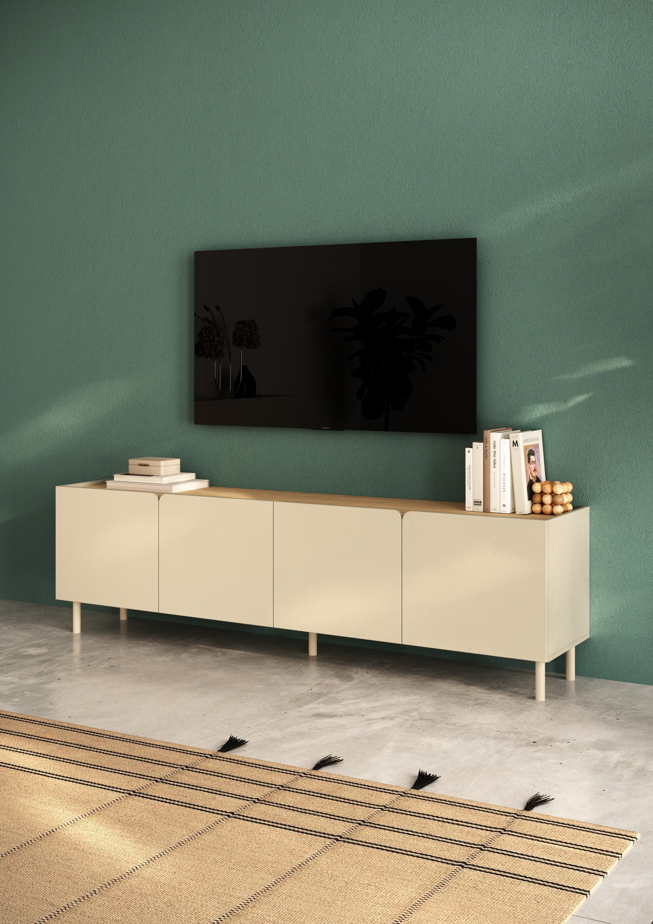 GOODproduct Table basse »Dobbiaco, 202 cm breit, 4 Türen, Mediaboard, TV-Schrank« Top intégré, pieds en métal droits, porte avec arrondi