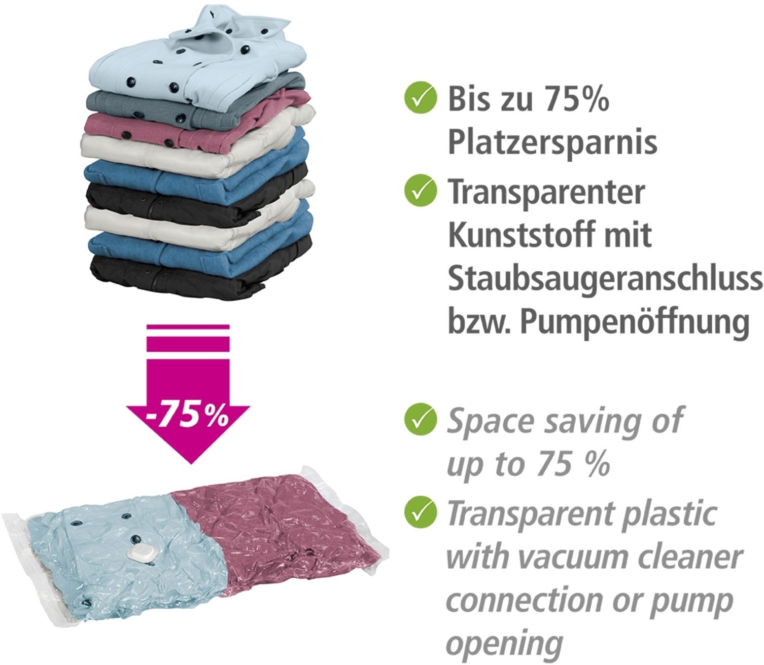 WENKO Vakuumierbeutel »Reise-Set«, (Set, 6 tlg.), Vakuumbeutel für Kleidung zur platzsparenden Aufbewahrung, 2 Grössen
