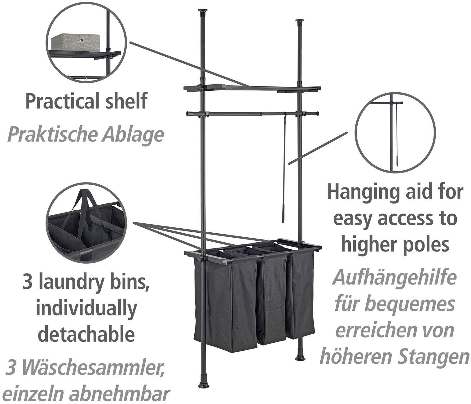WENKO Wäschesortierer »Herkules (Teleskopsystem)«, Befestigung ohne Bohren, einfaches Einklemmen, 3 Wäschefächer