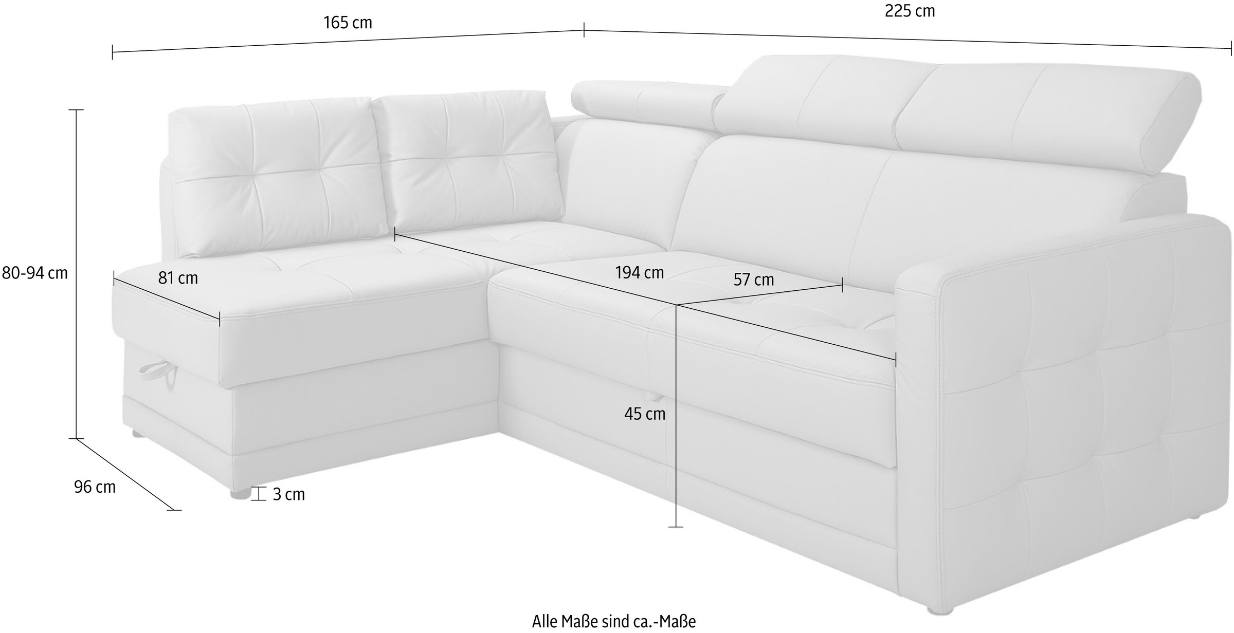 exxpo - sofa fashion Ecksofa »Arles, Federkern, zeitlos, Breite 225cm, L-Form«, wahlweise mit Bettfunktion und Bettkasten, inkl. Kopfteilverstellung