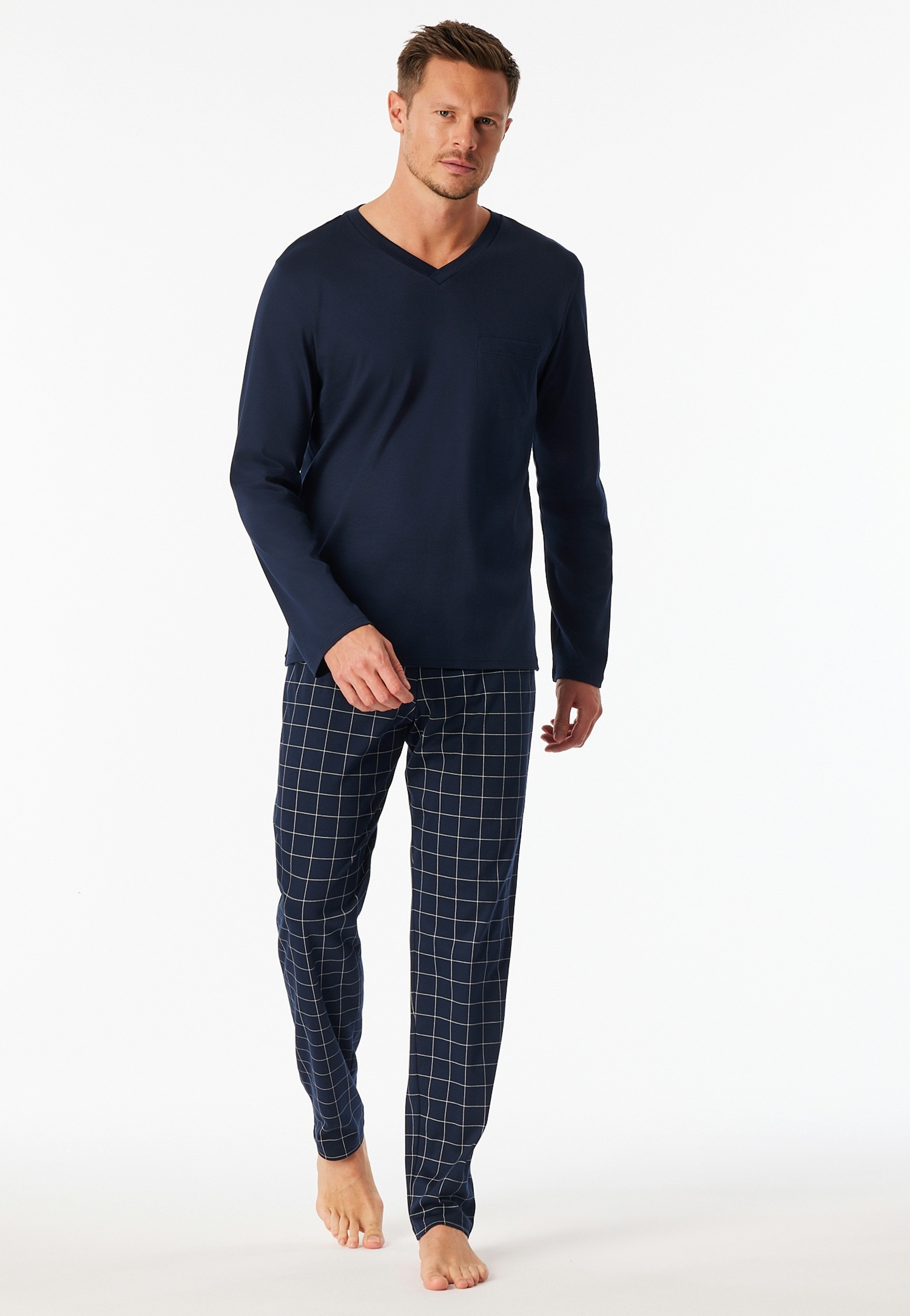 Image of Schiesser Pyjama "Fine Interlock" 2 tlg. Oberteil in Uni, karierte Hose, V-Neck, Langarm, Baumwolle