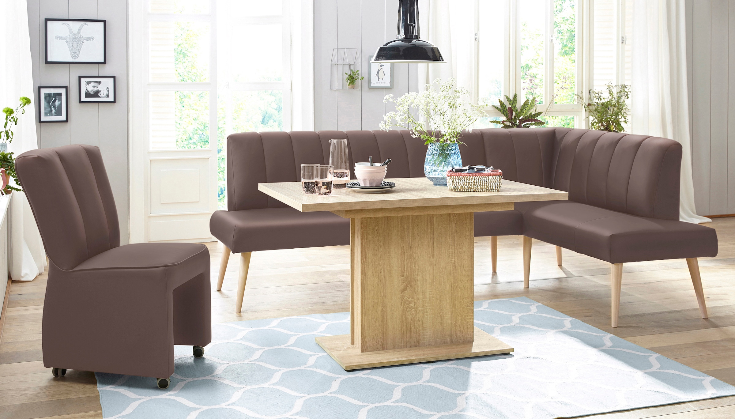 exxpo - sofa fashion Eckbank »Costa, moderne Rückensteppung, bequem und elegant, hoher Holzfuss«, hochwertig verarbeitet, Frei im Raum stellbar