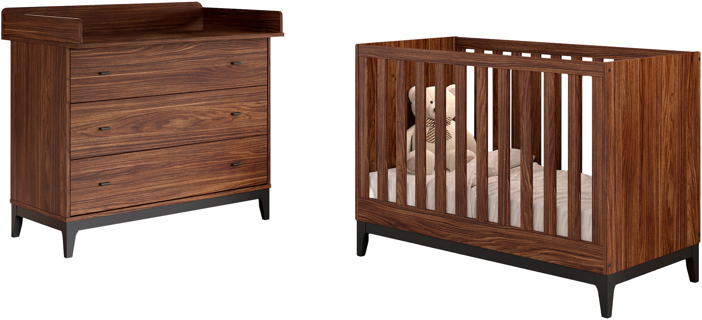 Image of Vipack Babymöbel-Set "Ilyas, das perfekte Set für Ihr Kinderzimmer" 3 tlg. Pflegeleichte Oberfläche, Nussbaum Dekor