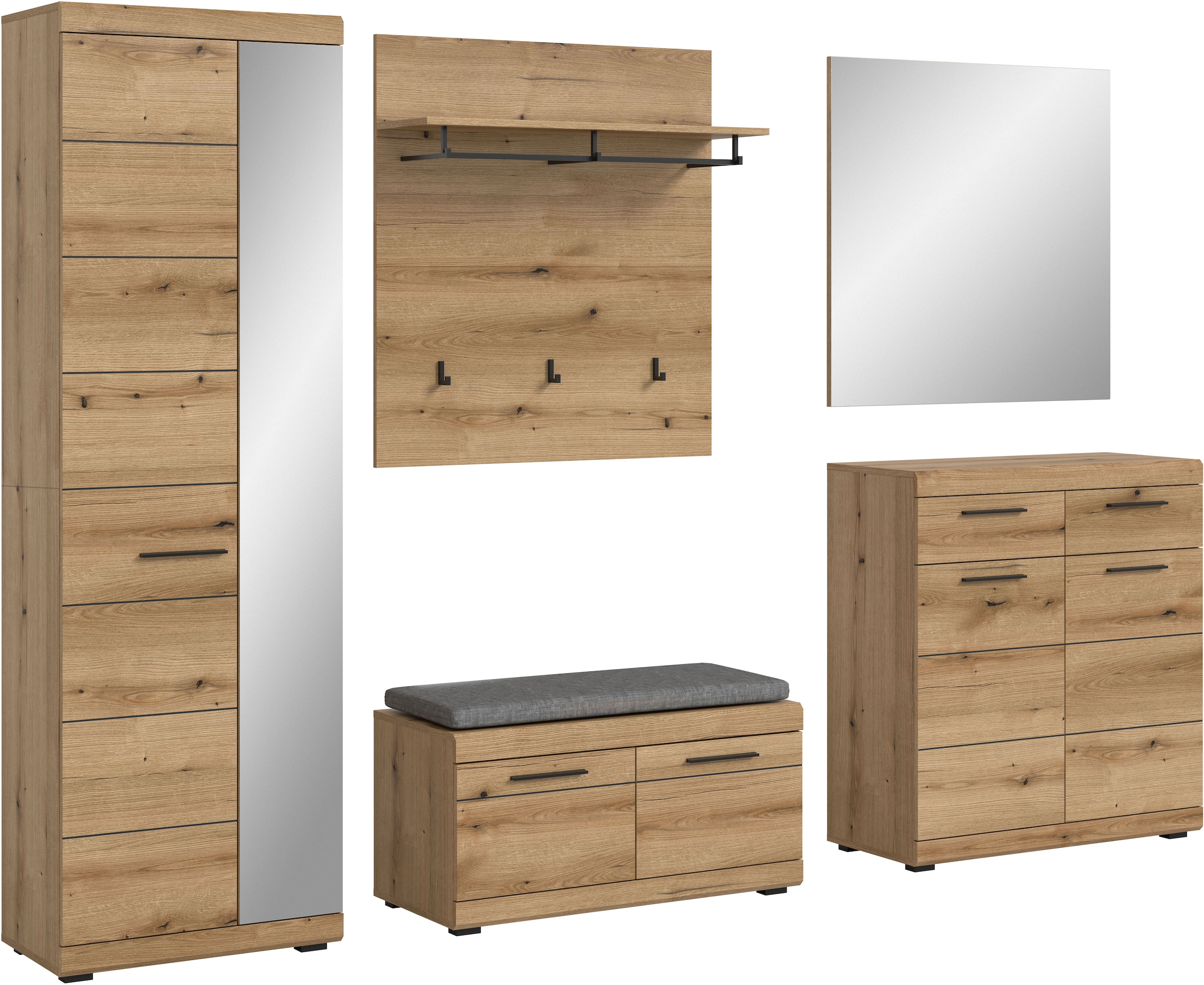 Image of Home affaire Garderoben-Set "SIENA, Breite 272 cm, 6-tlg., individuell stellbar, inkl. Sitzkissen" Komplett-Set, Garderobenschrank, Sitzbank, Sitzkissen, Paneel,Schuhschrank & Spiegel, 5 Stk. tlg.
