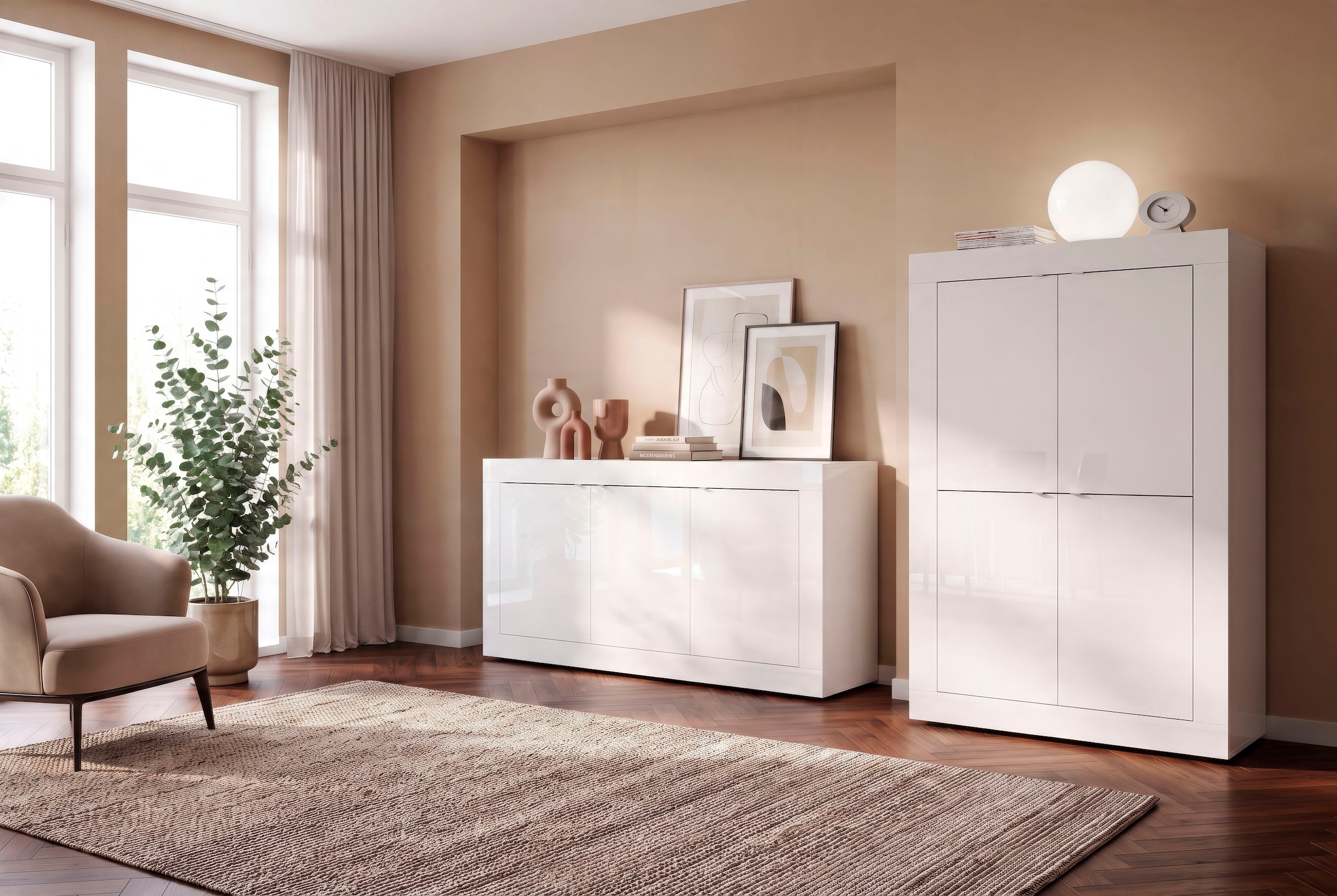 Home affaire Buffet haut »Basic Höhe 162 cm, Breite 102 cm, Kommode 4 Türen, Hochkommode« poignée en métal, design moderne du cadre, grand espace de rangement, choix de couleurs