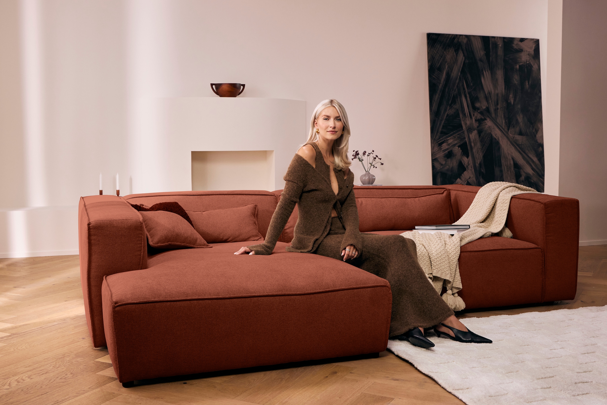 LeGer Home by Lena Gercke Canapé d'angle »PIARA Struktur mit Kedernaht L-Form« ottomane au choix droite/gauche, pieds noirs, confort d'assise agréable