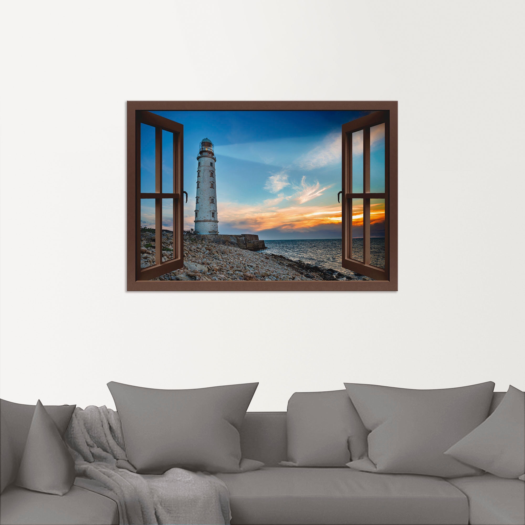 Artland Alu-Dibond-Druck »Fensterblick Leuchtturm«, Fensterblick, (1 St.), für Innen- und Aussenbereich geeignet, Outdoorbild