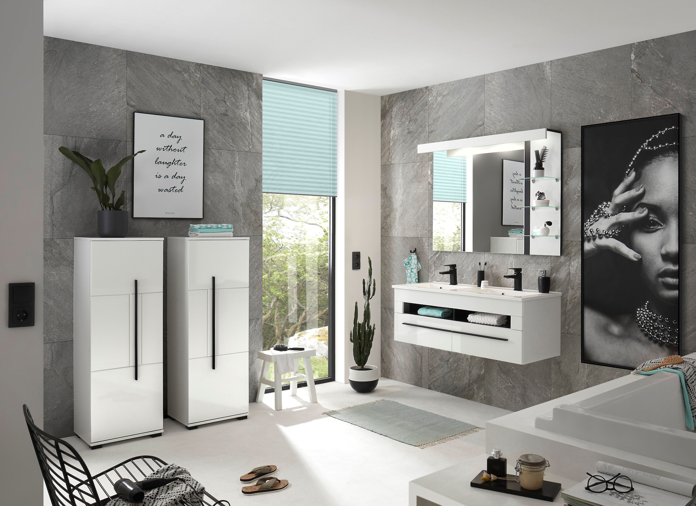 INOSIGN Badmöbel-Set »Cantara, Bad im modernen Design, 4-teiliges Badezimmer«, (Set, 4 St.), Waschtisch, Schränke und Spiegel, in Weiss Hochglanz, viel Stauraum