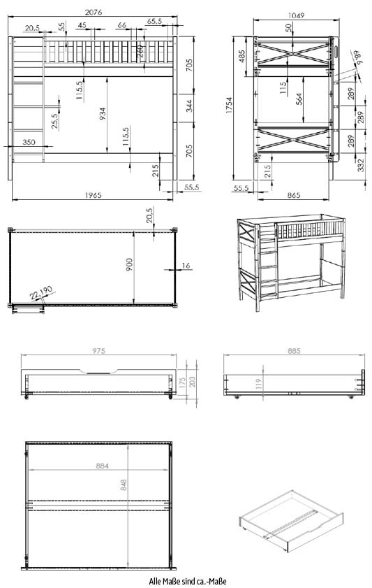 Vipack Etagenbett »Scott, Kiefer massiv, stabil gebaut, Made in Europe, Landhaus-Optik« B/H/T ca. 208x175x105cm, inkl. Rolllattenroste, Leiter, Absturzschutz,  wahlweise mit 2 kleinen oder 1 grossen Bettschublade auf Rollen