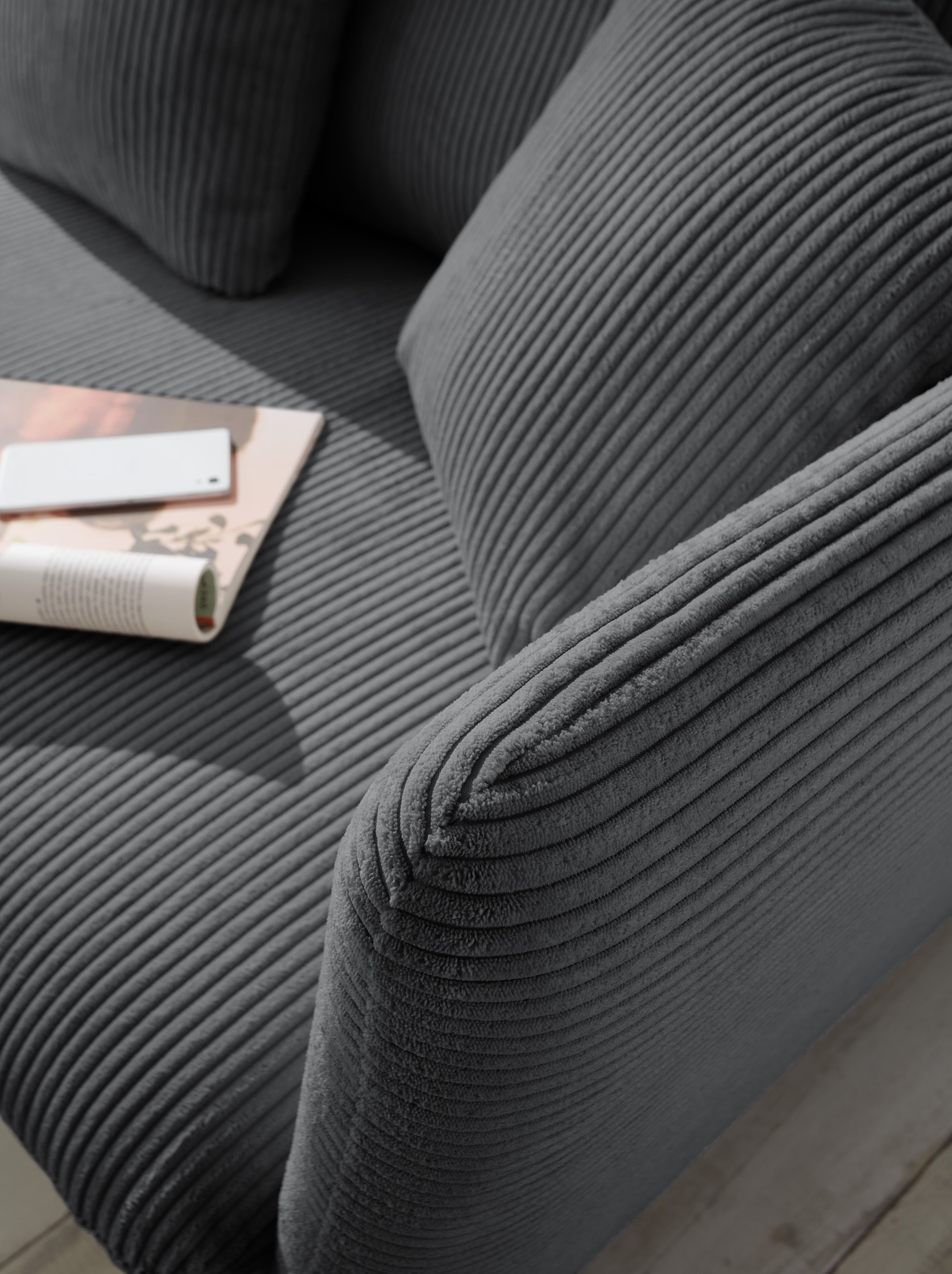 andas Ecksofa »MERLE, 258 cm, L-Form, traumhafter Cord,«, mit Bettfunktion und Bettkasten, Liegefläche 224 x 139