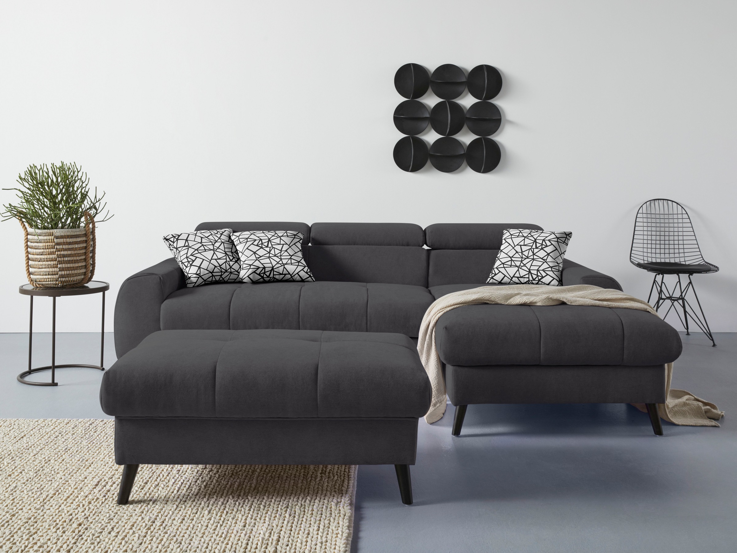 COTTA Ecksofa »Mia L-Form mit 3 Zierkissen«, wahlweise mit Bettfunktion, Bettkasten, Beleuchtung & Wireless-Charger