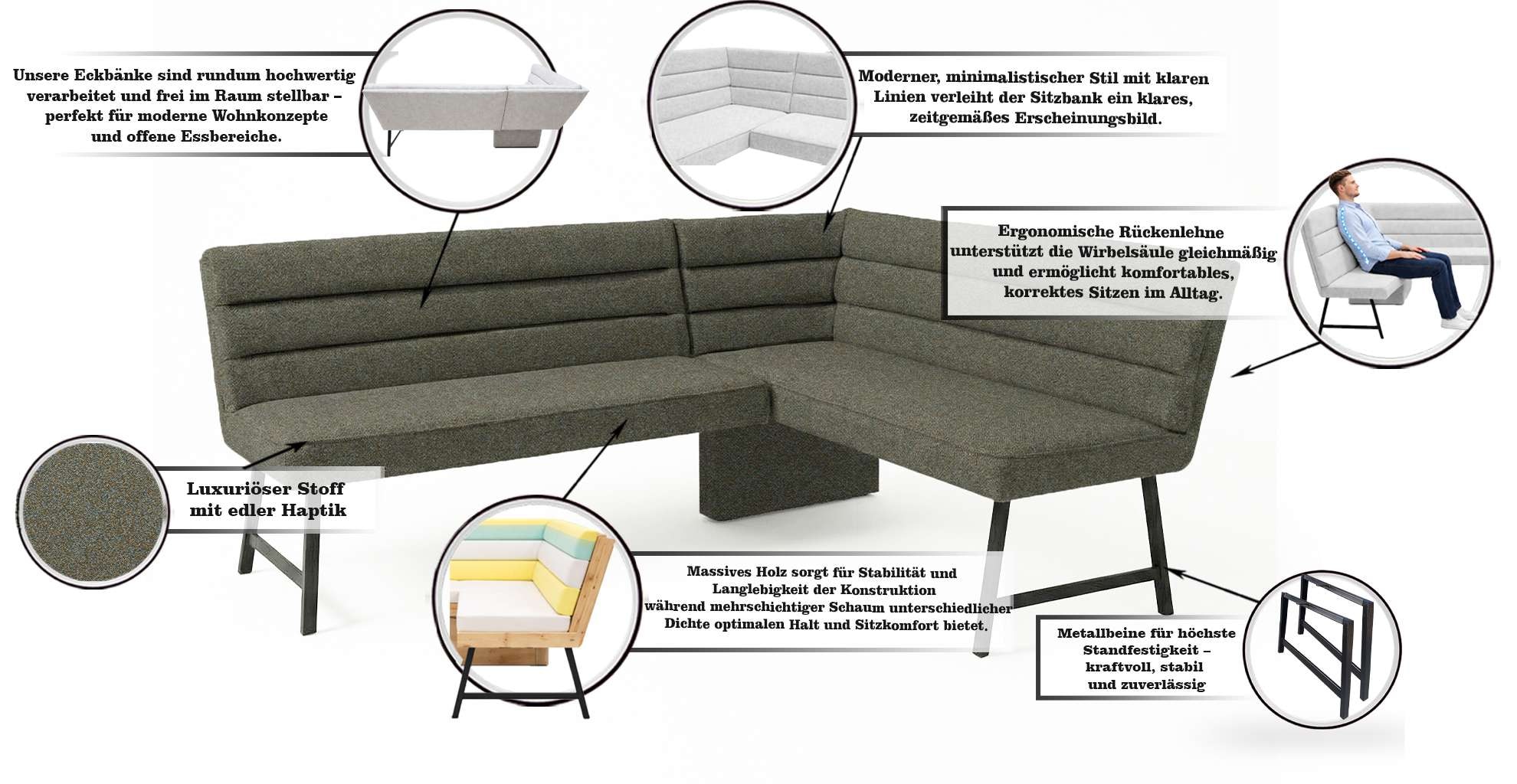 GOODproduct Eckbank »Oregon Küchenbank, Polsterbank, Esszimmerbank, 177x140 cm« Moderne Bank und  Farben, Sitzplatzanzahl: 4/5, Frei in Raum stellbar