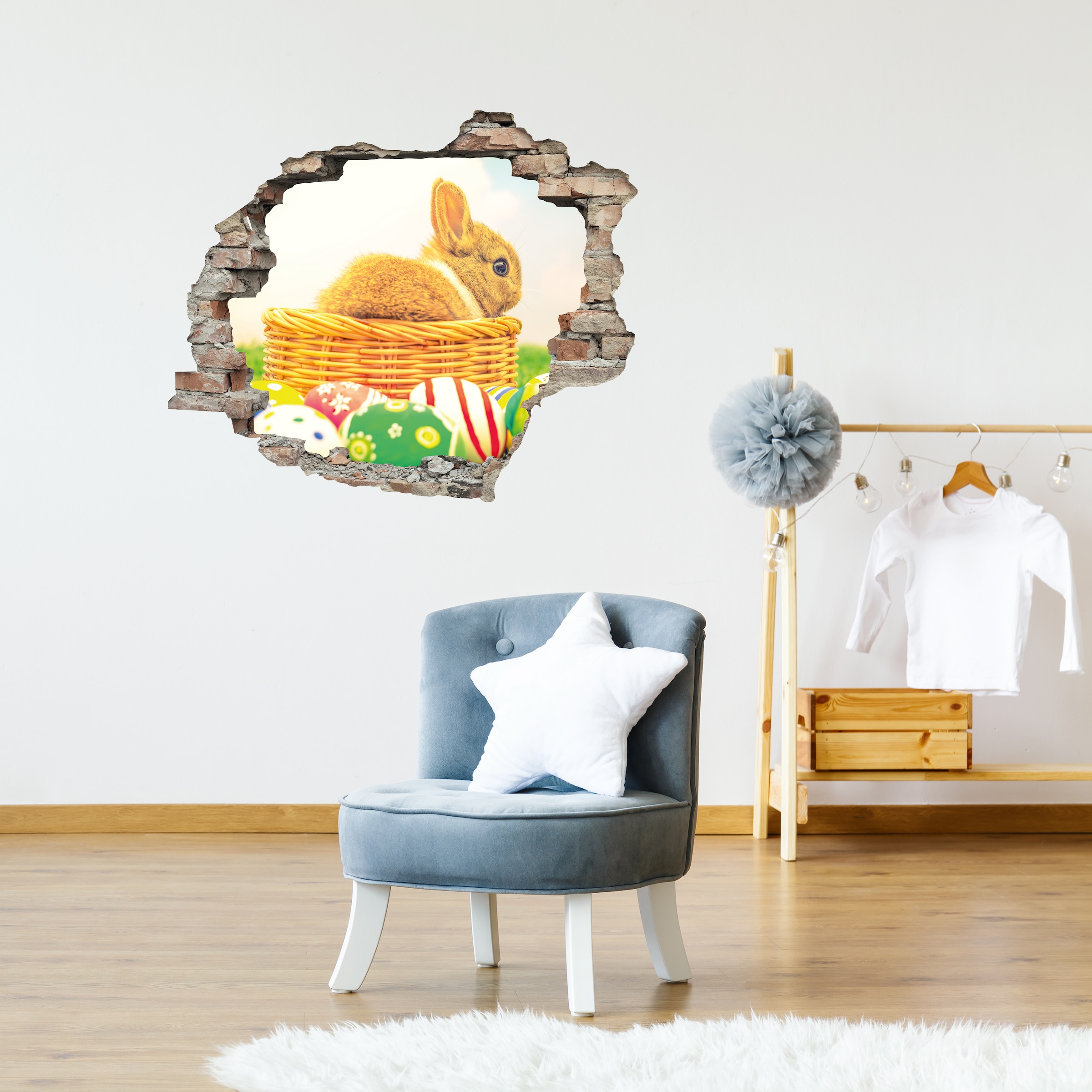 Image of queence 3D-Wandtattoo "Osterhase im Nest" Selbstklebender Wandsticker Ostern Wanddurchbruch 60x50cm