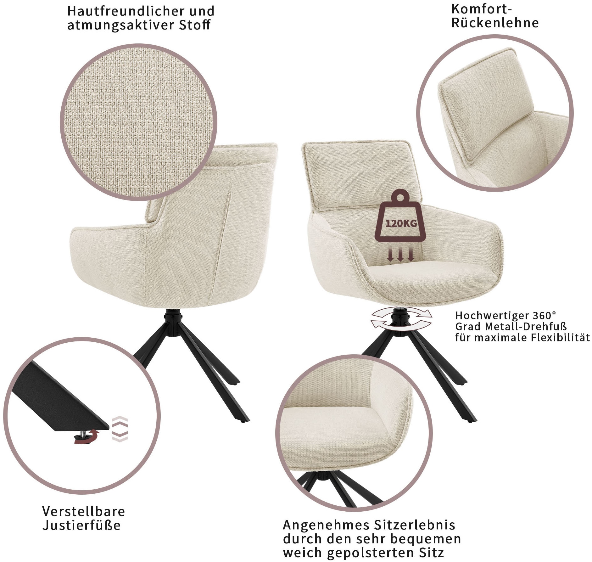 GOODproduct Ensemble de salle à manger »Cusey, besteht aus einem Esstisch und vier Stühlen« Set, Stühle drehbar, Esstisch 160 cm, 4 cm starke Tischplatte, 5 cuis tlg. kratzfester Tisch in Holzoptik, drehbare Stühlen, atmungsaktivem Stoff