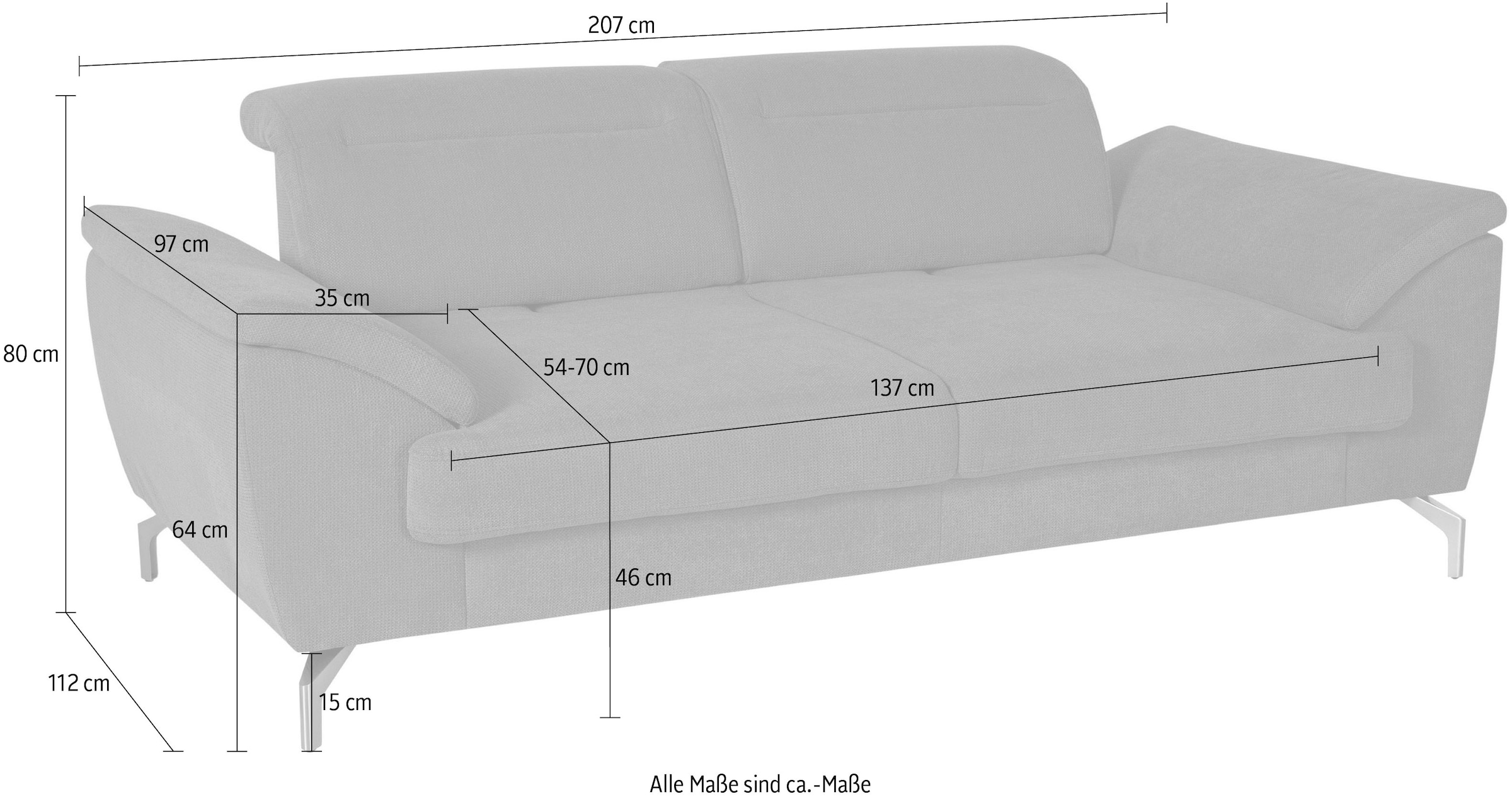 sit&more 2,5-Sitzer »Percy«, 15 cm Fusshöhe, Sitztiefenverstellung, wahlweise Kopfteilverstellung