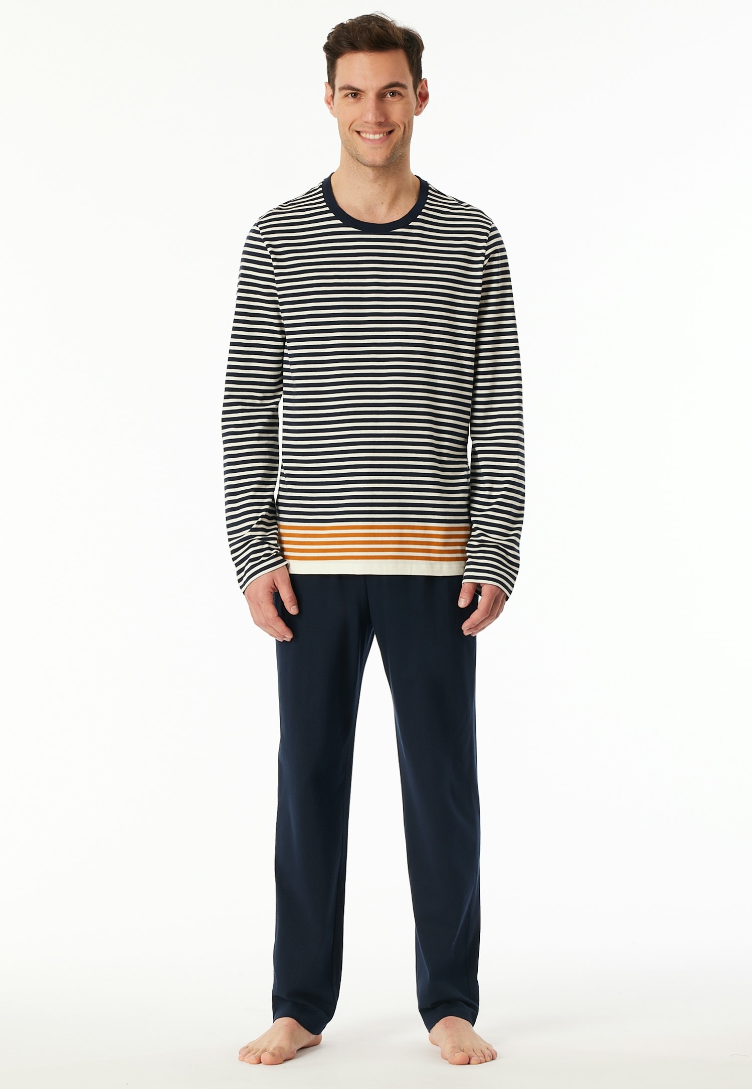 Schiesser Schlafanzug »Casual Nightwear« 2 Stk. tlg., Rundhalsausschnitt, langärmelig, gestreift, Baumwolle, Single Jersey