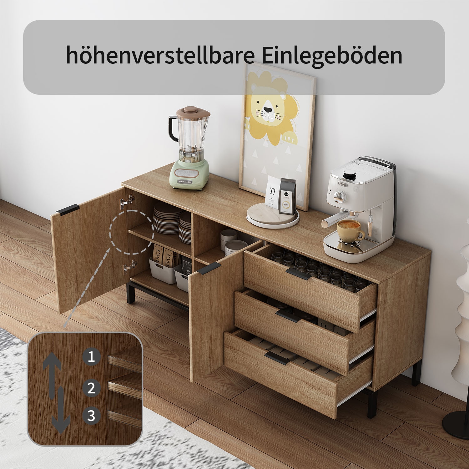 GOODproduct Sideboard »Jorinde« Melaminoberfläche, flexibler Stauraum und robustes Metallgestell