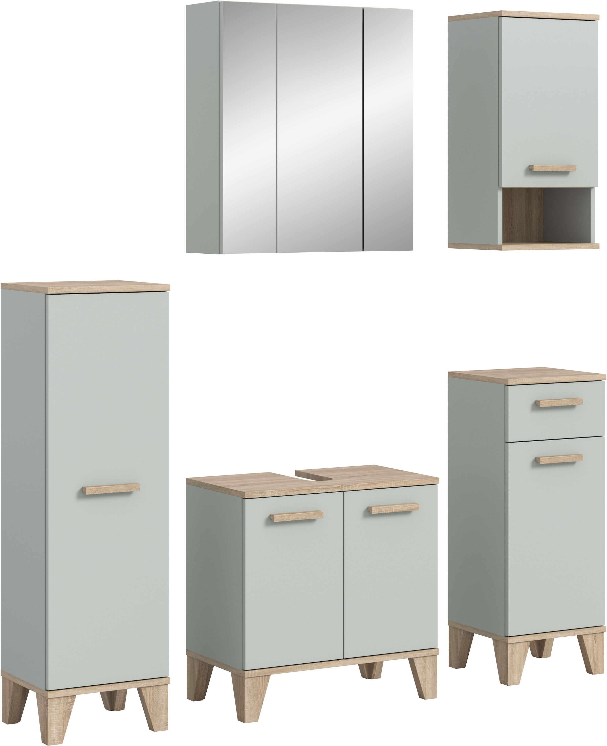 Image of welltime Badmöbel-Set "MINTTU, 5-teilige moderne Badkombination im SCANDI-Look" bestehend aus: 2x Midischrank, WBU, Spiegelschrank, Hängeschrank, 5 Stk. tlg.