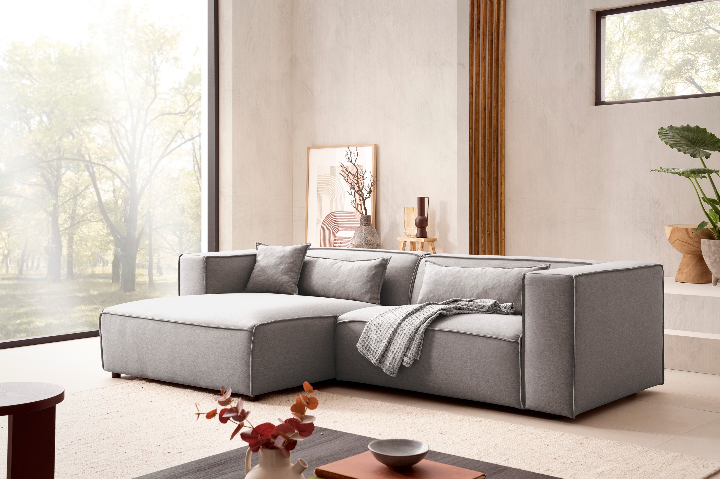 LeGer Home by Lena Gercke Ecksofa »PIARA mit Kedernaht in Cord oder Leinenoptik, moderne Couch in L-Form«, wahlweise Ottomane rechts/links, schwarze Füsse, bequemer Sitzkomfort