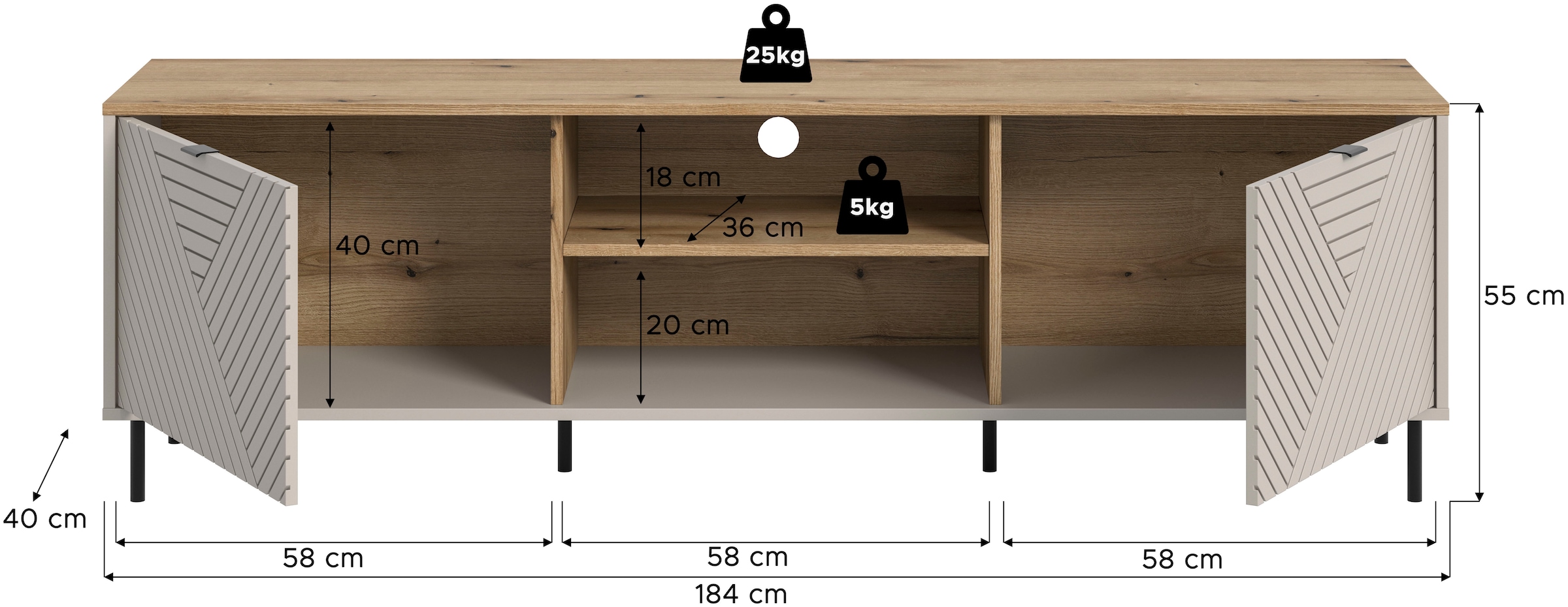 Home affaire Lowboard »RAITA, Breite 184 cm, Front mit Desgin-Fräsung, 2 Türen, viel Stauraum« moderne Farbkombi, individuell einsetzbar, Griffe & Füsse aus Metall,  Kommode, Anrichte, Schrank, Sideboard, TV-Schrank, TV-Lowboard
