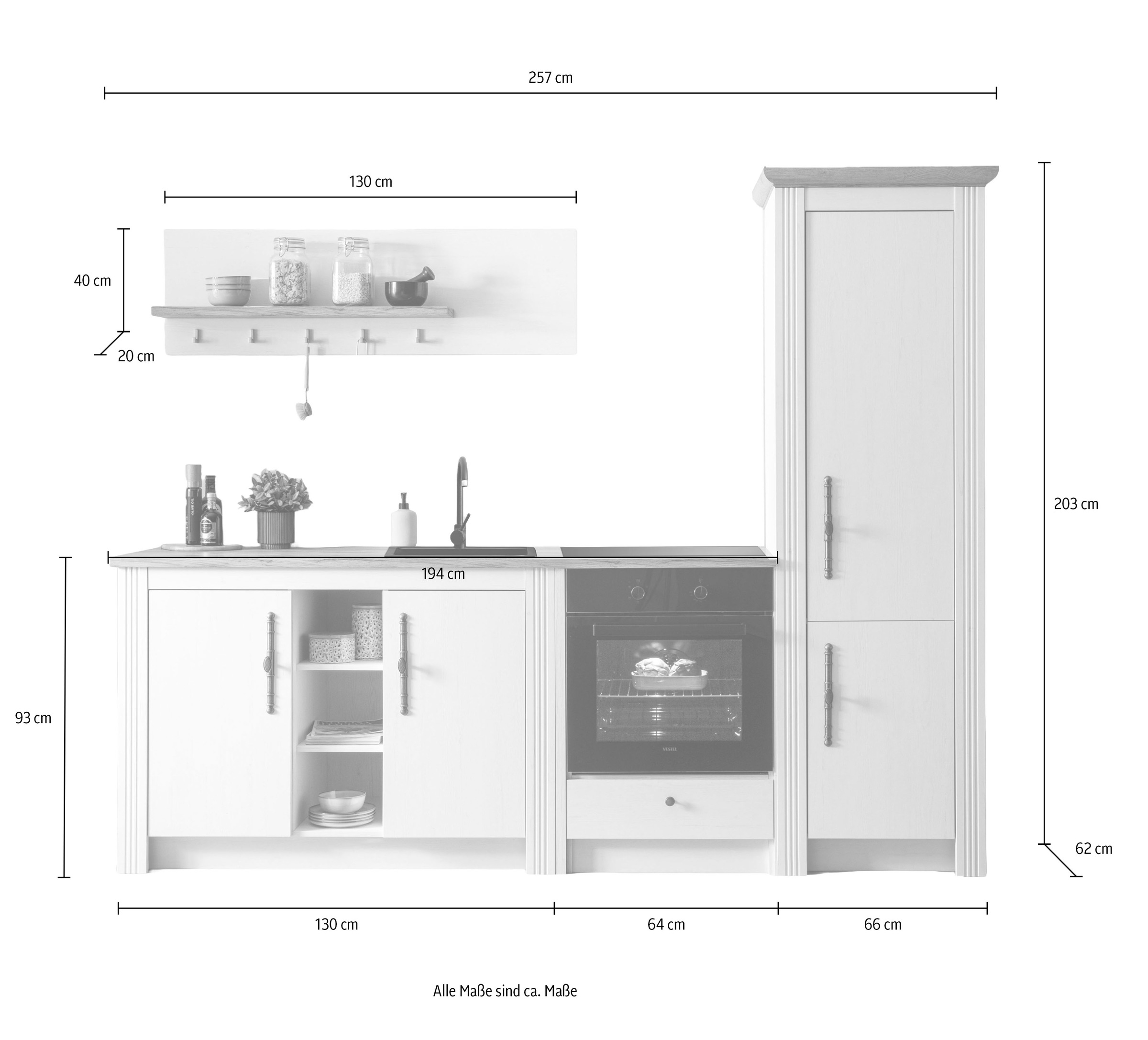 GOODproduct Küchenzeile »KS-Westminster, Pantryküche im Landhaus Stil, hochwertige Metallgriffe« Set,  Breite 257 cm, Kommode, Wandpaneel, Stauraumschrank, Herdumbau