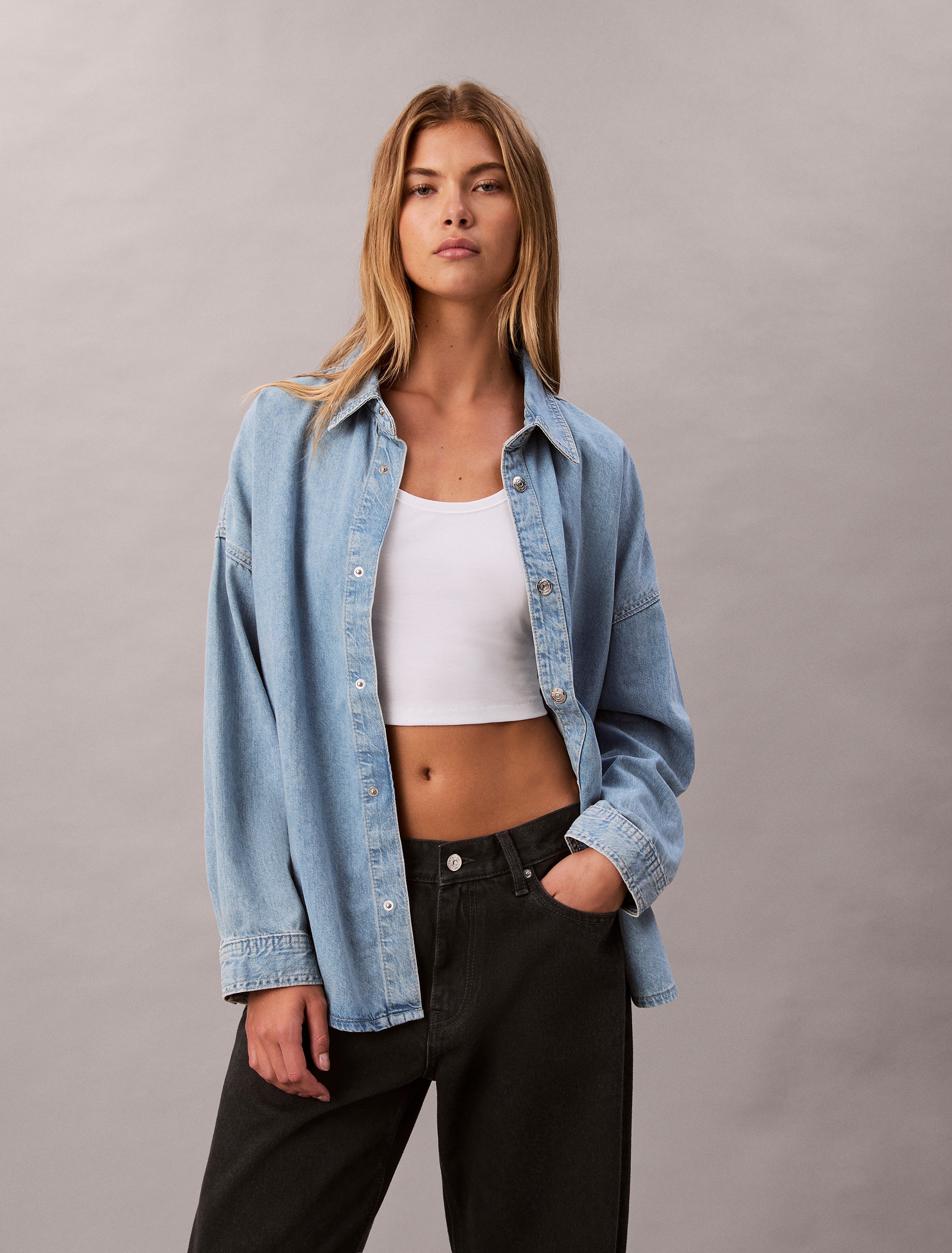 Image of Calvin Klein Jeans Hemdbluse "RLXD LNN DNM SHRT AR" Mit Rundhalsausschnitt