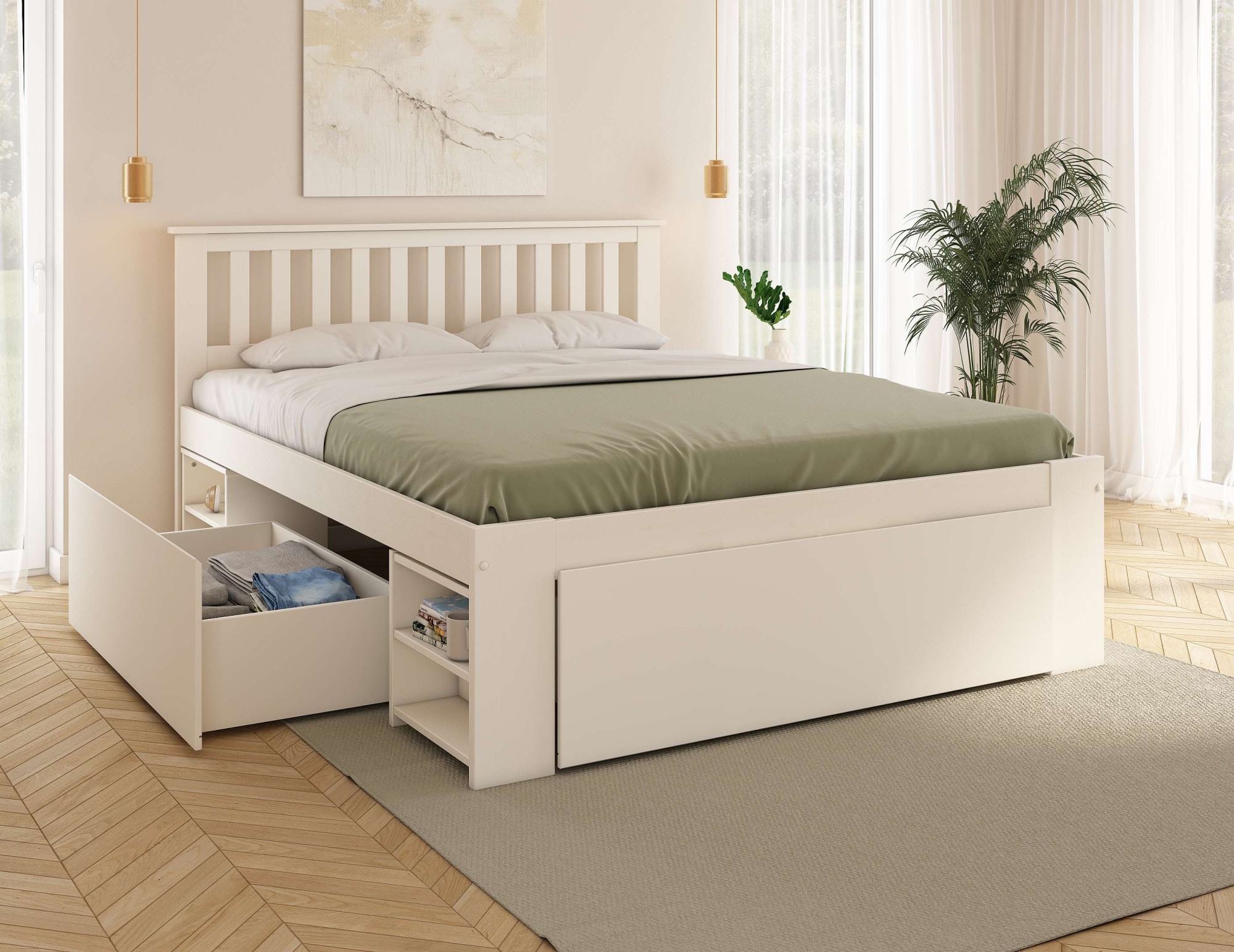 GOODproduct Massivholzbett »Kallvin, platzsparend, 3 Bettkästen, Nachtschränke ausziehbar« inklusive Lattenrost, ideal fürs Jugendzimmer und kleine Räume, FSC®