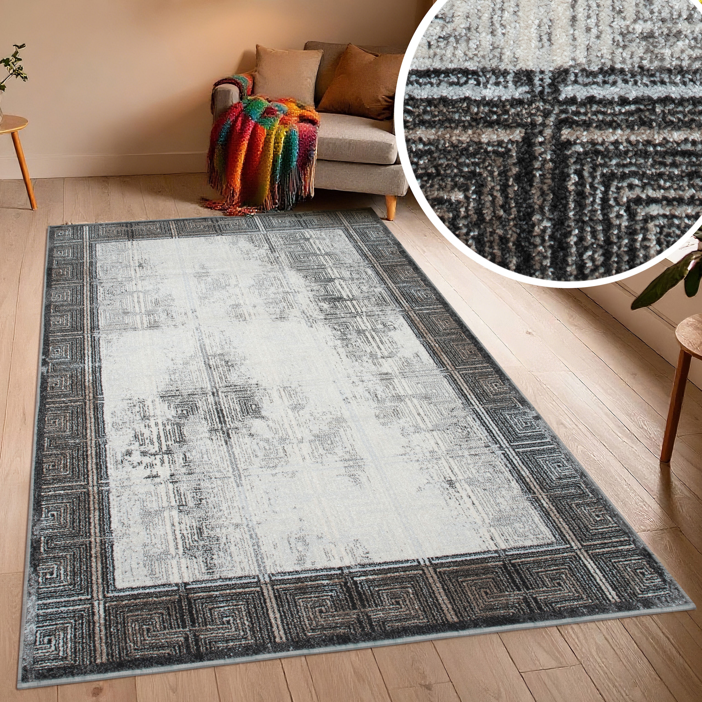 GOODproduct Teppich »Aurellia, mit Rahmen« rechteckig 9 mm Höhe im Vintage-Look, meliert, Bordüre, zeitlos, Wohnzimmer, Schlafzimmer