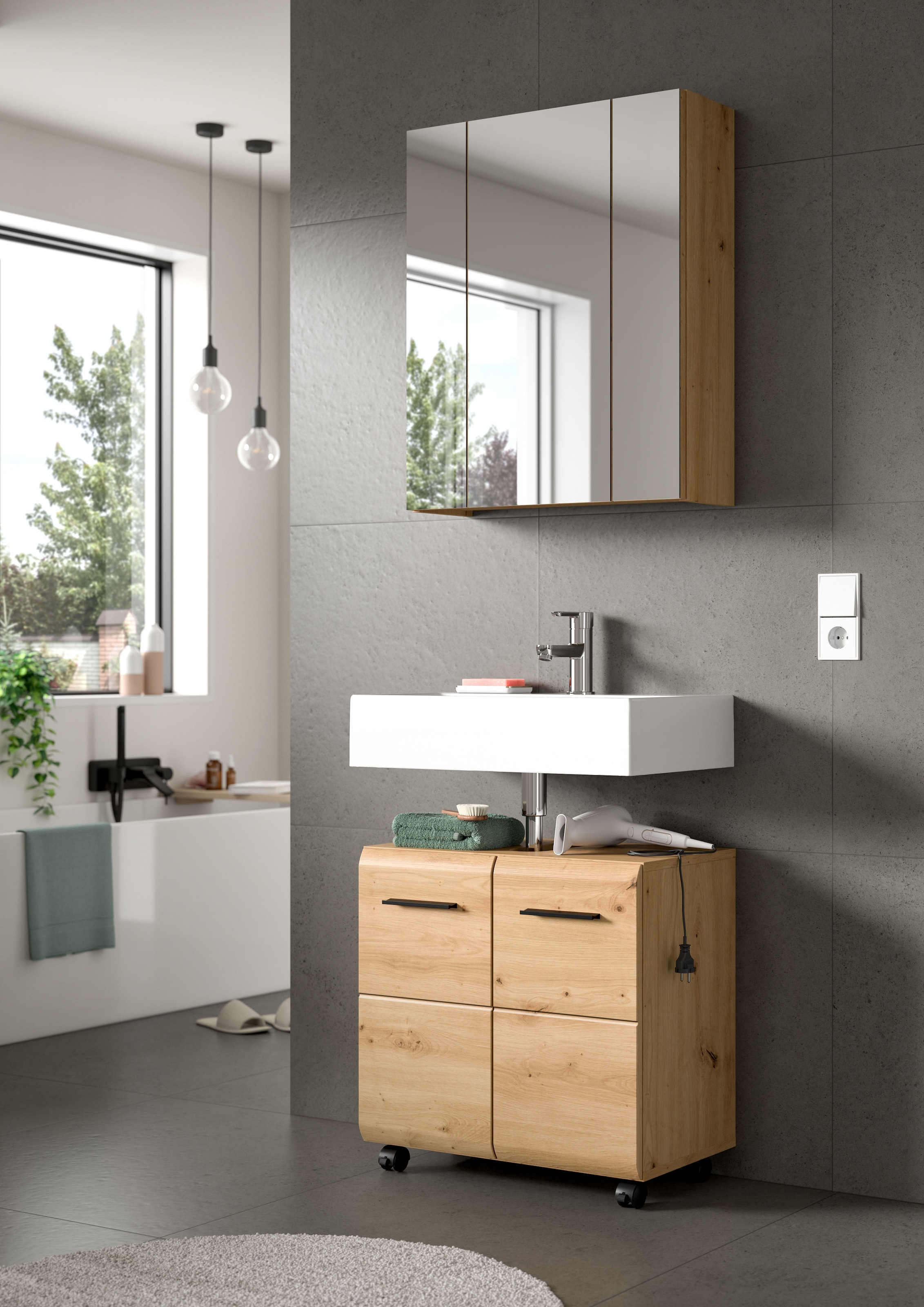 welltime Waschbeckenunterschrank »FLORENZ,  Breite 60cm, inkl. Siphonausschnitt, mit Türen oder Schüben« TOPSELLER!,  hochwertige MDF Front, Griff schwarz, Badschrank, Bad