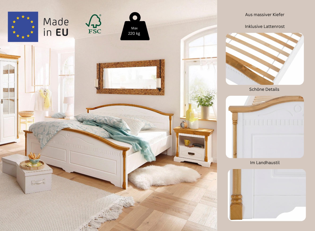 Home affaire Massivholzbett »Graz, hohe Belastbarkeit, klassischer Landhausstil, FSC® zertifiziert«, (Breite/Belastbarkeit 180cm/220 KG, 90cm/=120KG), mit dekorativen Fräsungen, inklusive Lattenrost