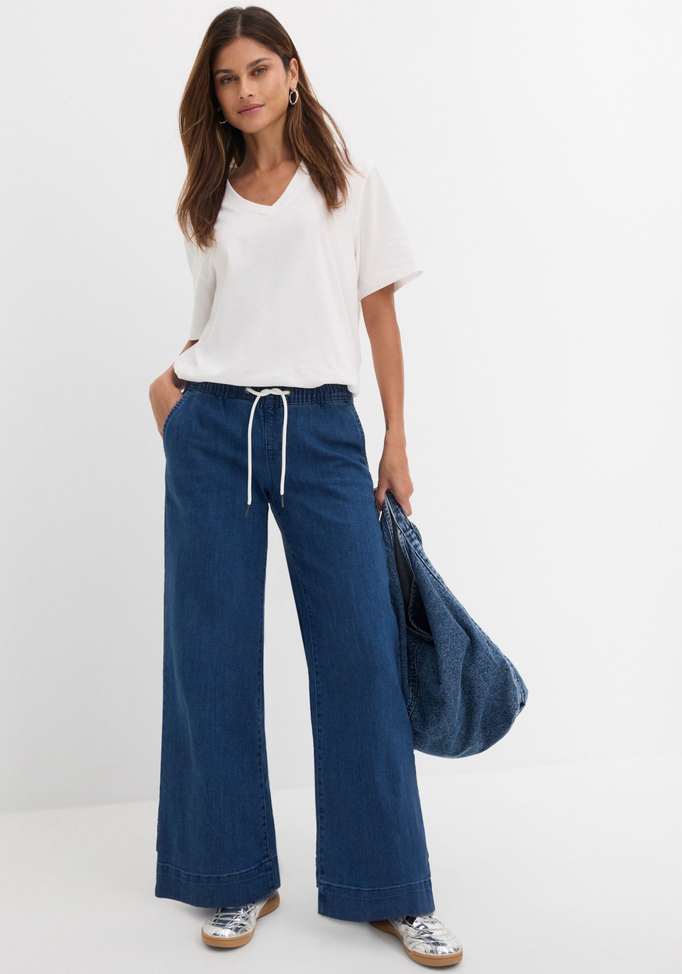bonprix »Wide Leg Jeans Mid Waist, Stretch« Loose Fit Passform, mit elastischem Bund und Tunnelzug