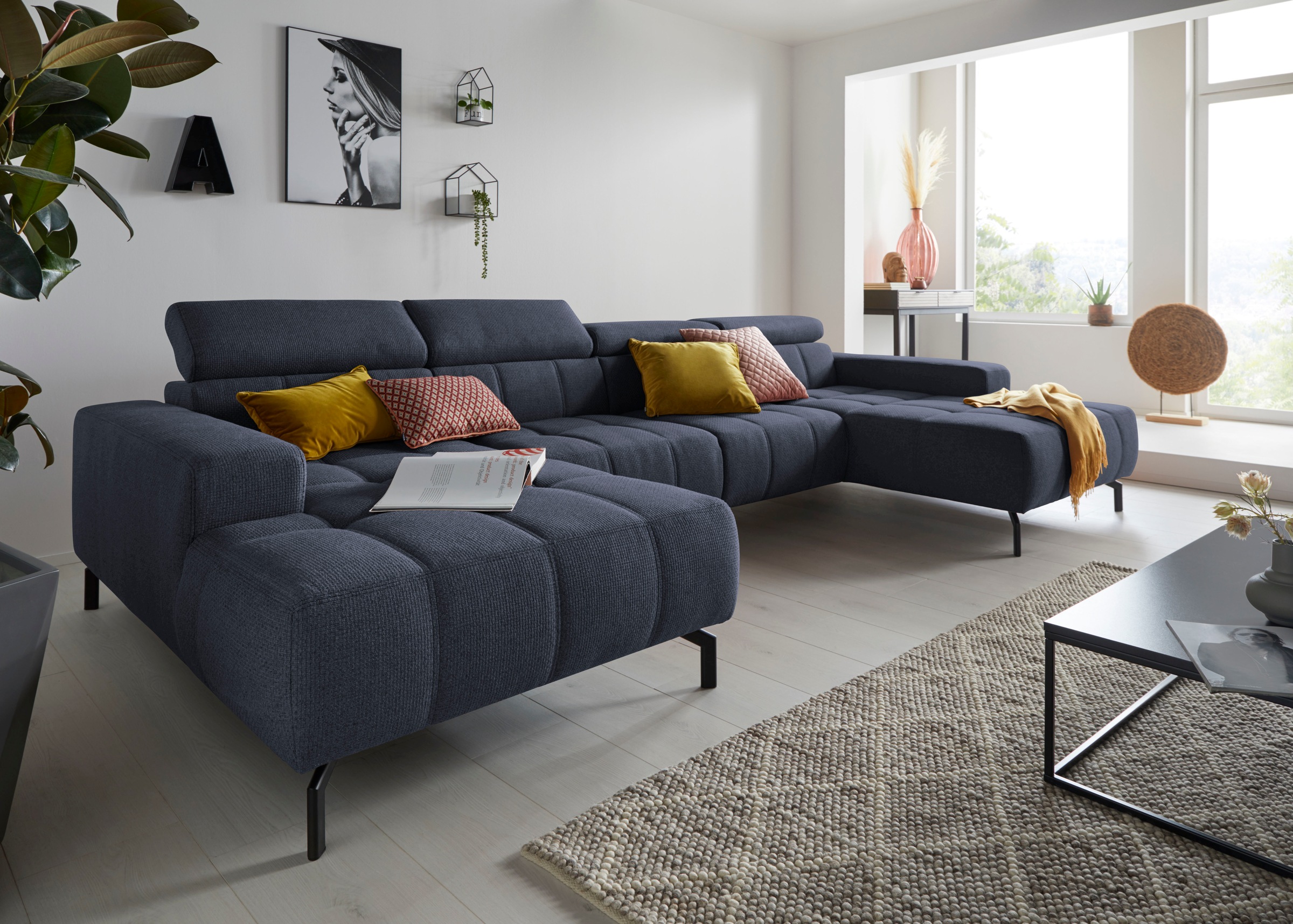 Image of DOMO collection Wohnlandschaft "Cunelli tolle Sitznähte als Designelement, fester Sitzkomfort, U-Form" whlw. verstellbare Kopfteile, passend für gängige Saugroboter