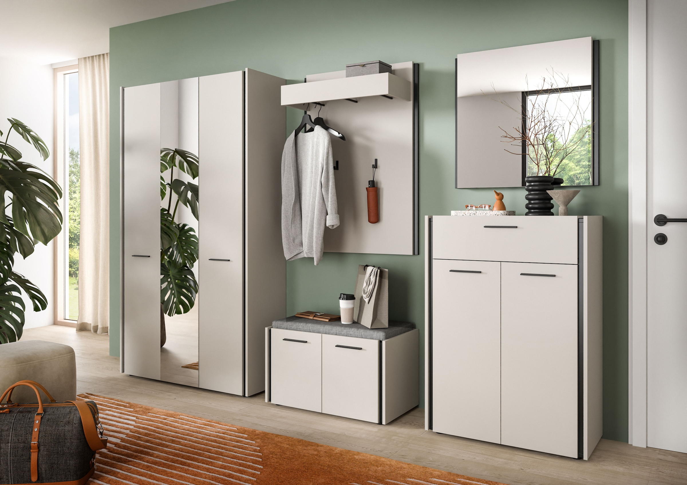 Home affaire Garderoben-Set »RAK, 6-teilige Garderoben-Kombi inkl. Sitzkissen, Breite ca. 287 cm« Garderobenschrank, Sitzbank, Garderobenpaneel, Schuhkommode, Spiegel, 6 Stk. tlg.