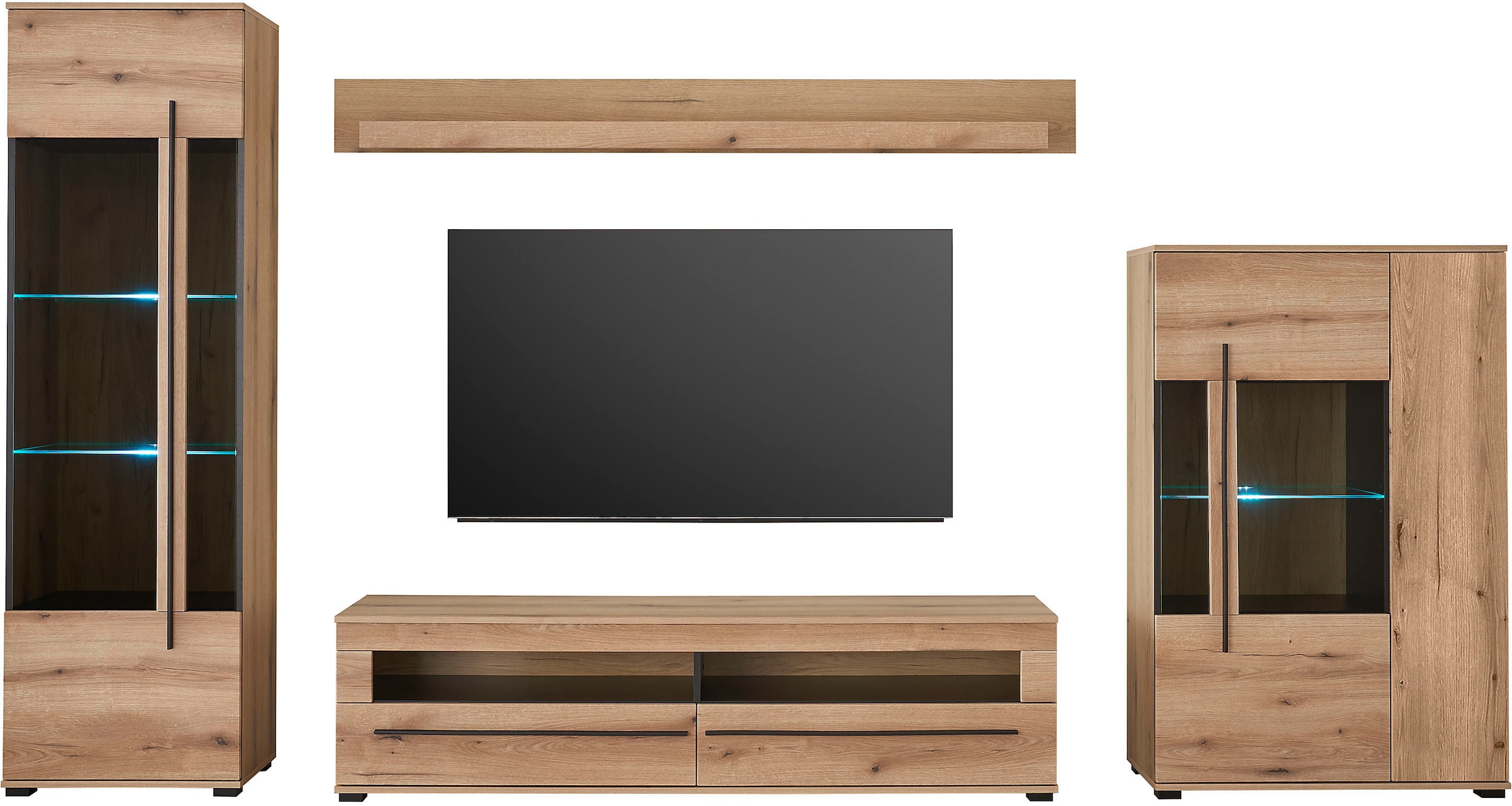 INOSIGN Wohnwand »Cantara, moderne Anbauwand, Wohnzimmer-Set, in Eiche Evoke oder Weiss«, (Set, 4 St.), enthält zwei Vitrinen, ein Lowboard und ein Wandboard