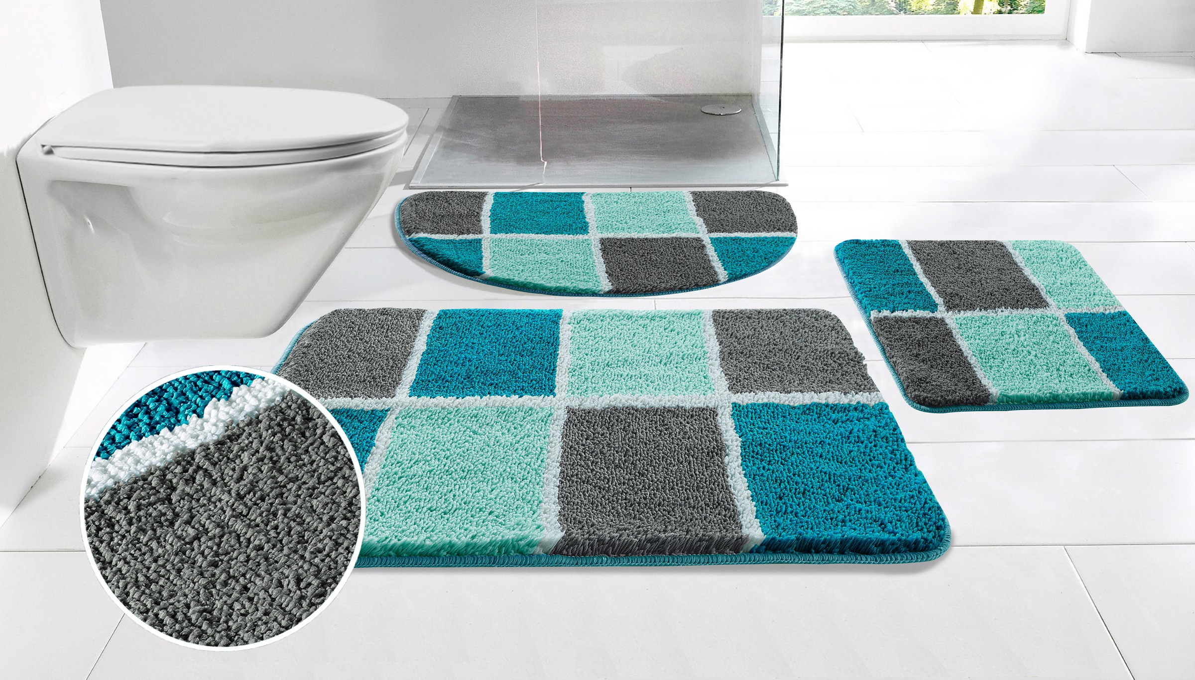 Image of GOODproduct Badematte "Anna mit Kachelmuster, Badvorleger, Badezimmer Teppich, Duschvorleger" Höhe 20 mm rutschhemmend beschichtet strapazierfähig Badteppich, Hoch-Tief Effekt, Modern, Weich