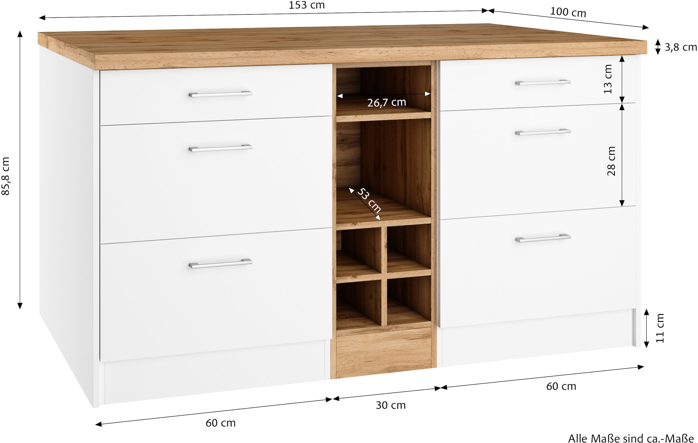 KOCHSTATION Ilot de cuisine »KS-Milan« dimensions 153/100 cm, beaucoup d’espace de rangement, lieu central : cuisine