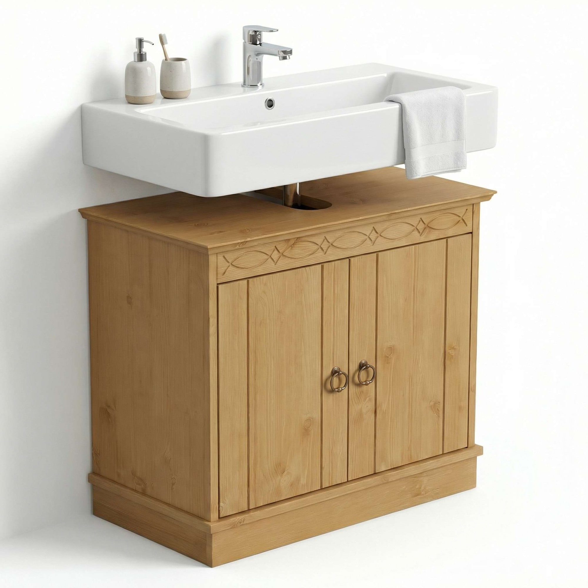 GOODproduct Waschbeckenunterschrank »Indra, Badschrank, Badmöbel, Badezimmerschrank« B/T/H: 64/32/66 cm,  aus massiver Kiefer, 2 Türen,  FSC®-zertifiziert