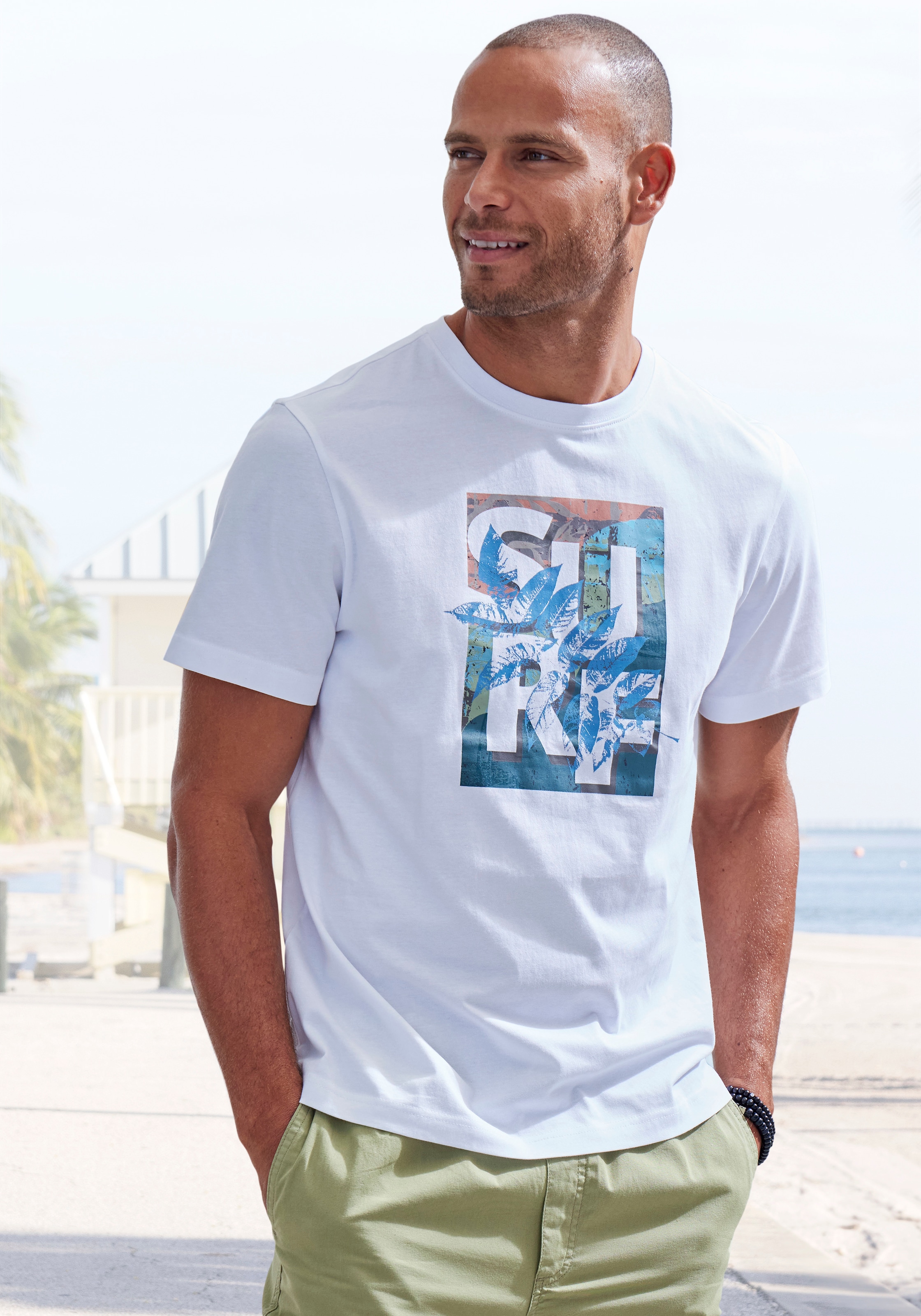 T-Shirt, Rundhalsshirt mit Surf -Aufdruck aus reiner Baumwolle