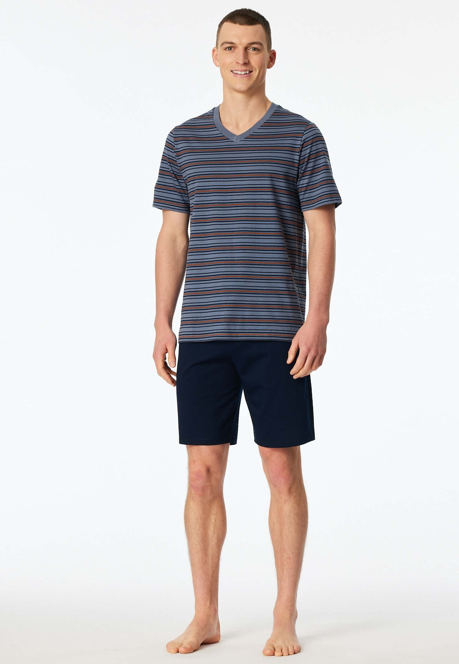 Image of Schiesser Shorty "Casual Nightwear" 2 mit V-Ausschnitt und kurzem Arm, Oberteil gestreift