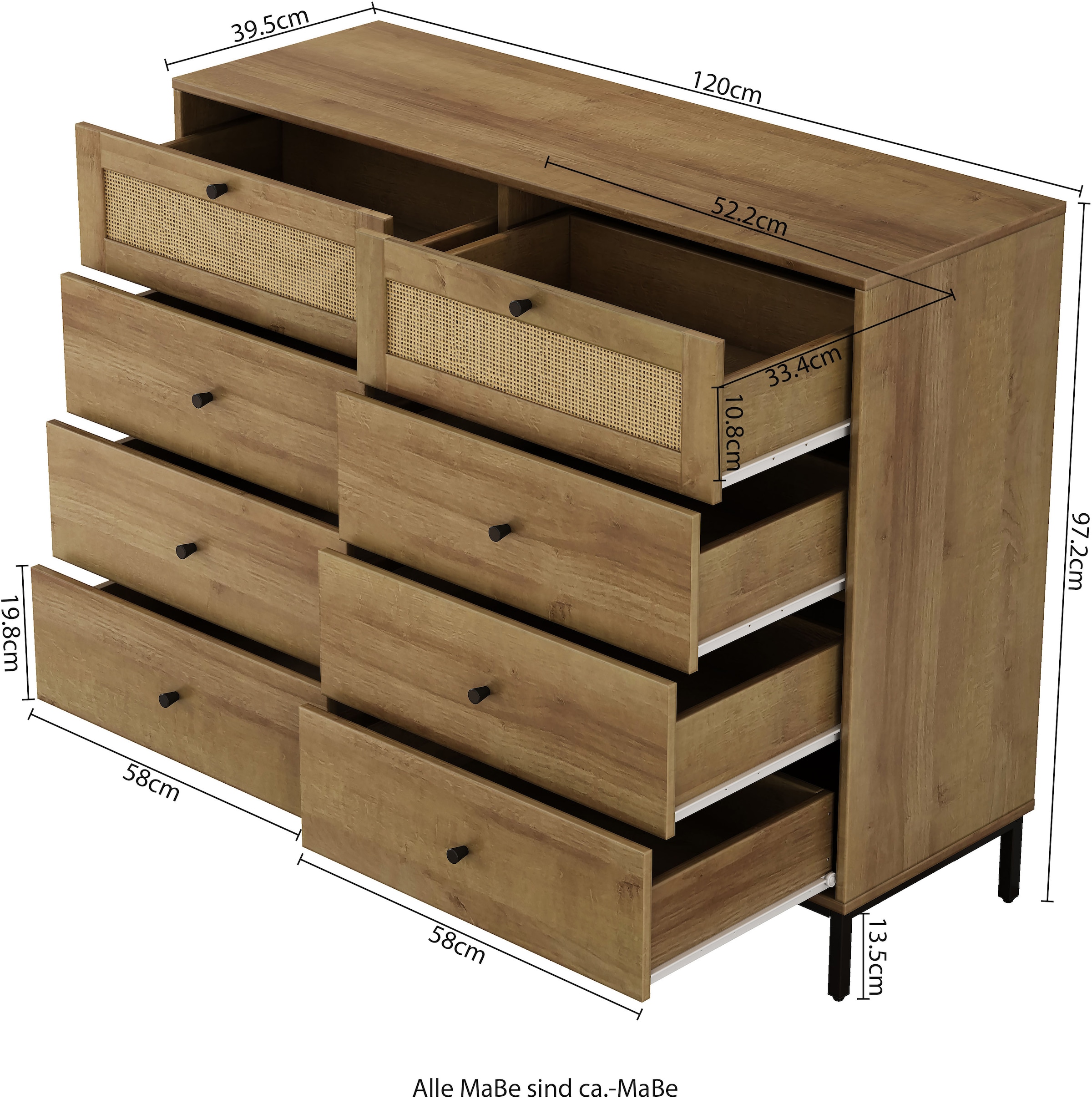 GOODproduct Kombikommode »Motala Wäsche Schrank mit 8 Schubladen Sideboard BOHO Design« Eichen-Design mit schwarzen Griffen und Geflecht Schubladen,  Kommode Schrank Wäscheschrank mit 8 Schubladen