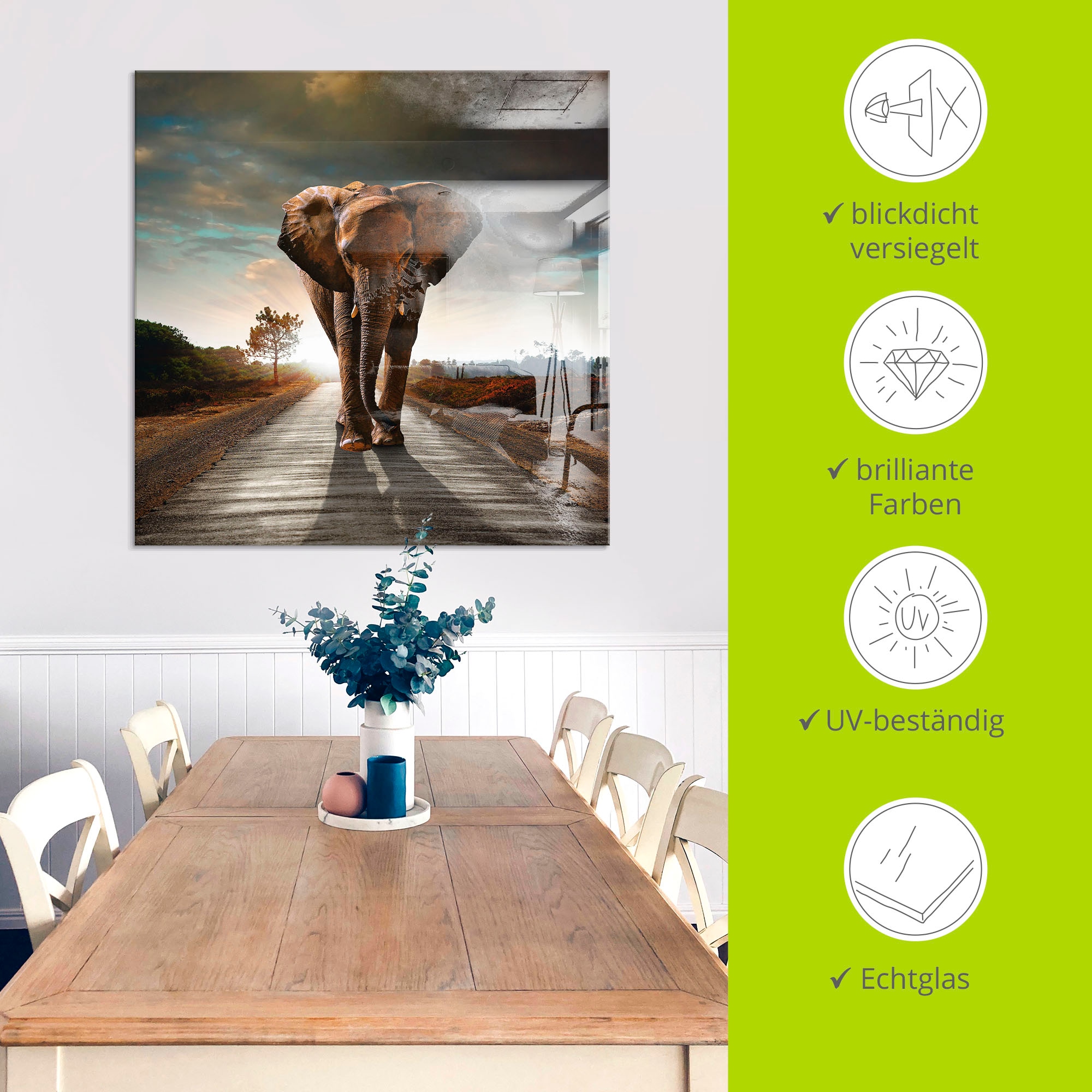 Artland Glasbild »Ein Elefant läuft auf der Strasse« Wildtiere 1 Stk. tlg. in verschiedenen Grössen