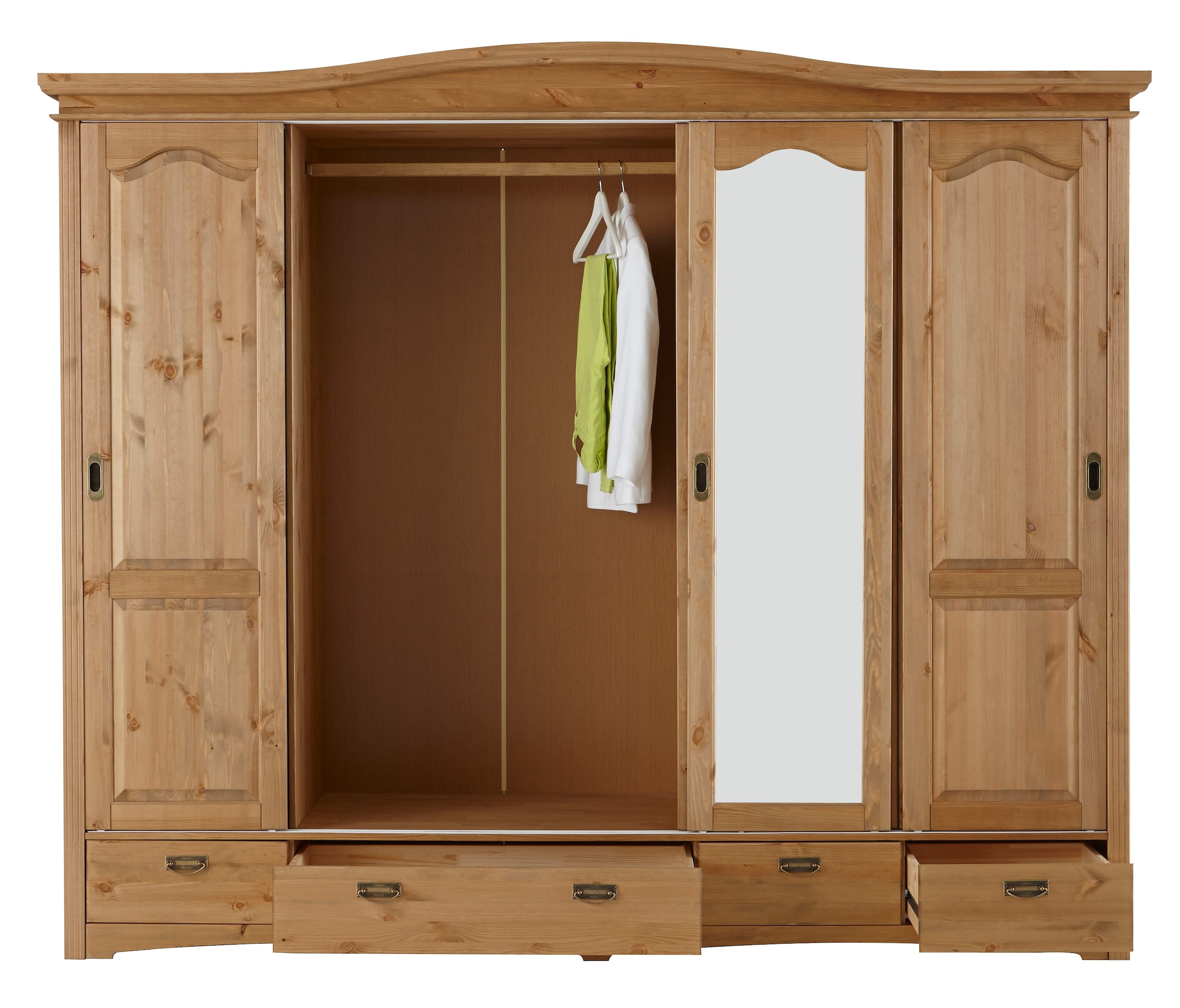 GOODproduct Schiebetürenschrank »Konrad, Landhausstil, rustikal, mit Schubladen + Spiegel, Kassetten« massive Kiefer, FSC®-zertifiziert, Messinggriffe