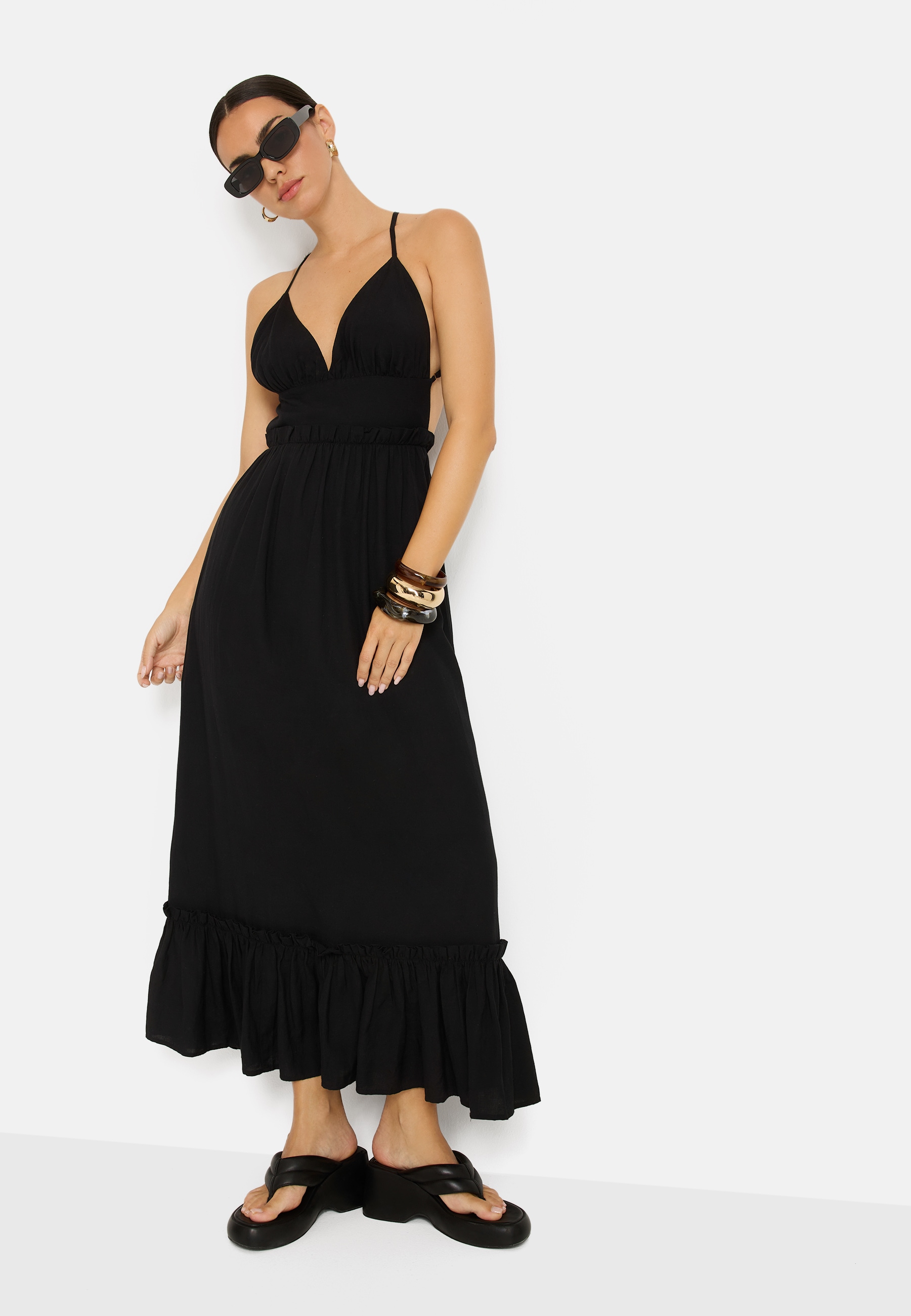LSCN by LASCANA Maxi robe Sans poches En tissu tissé avec une part de lin, robe de plage, robe bohème