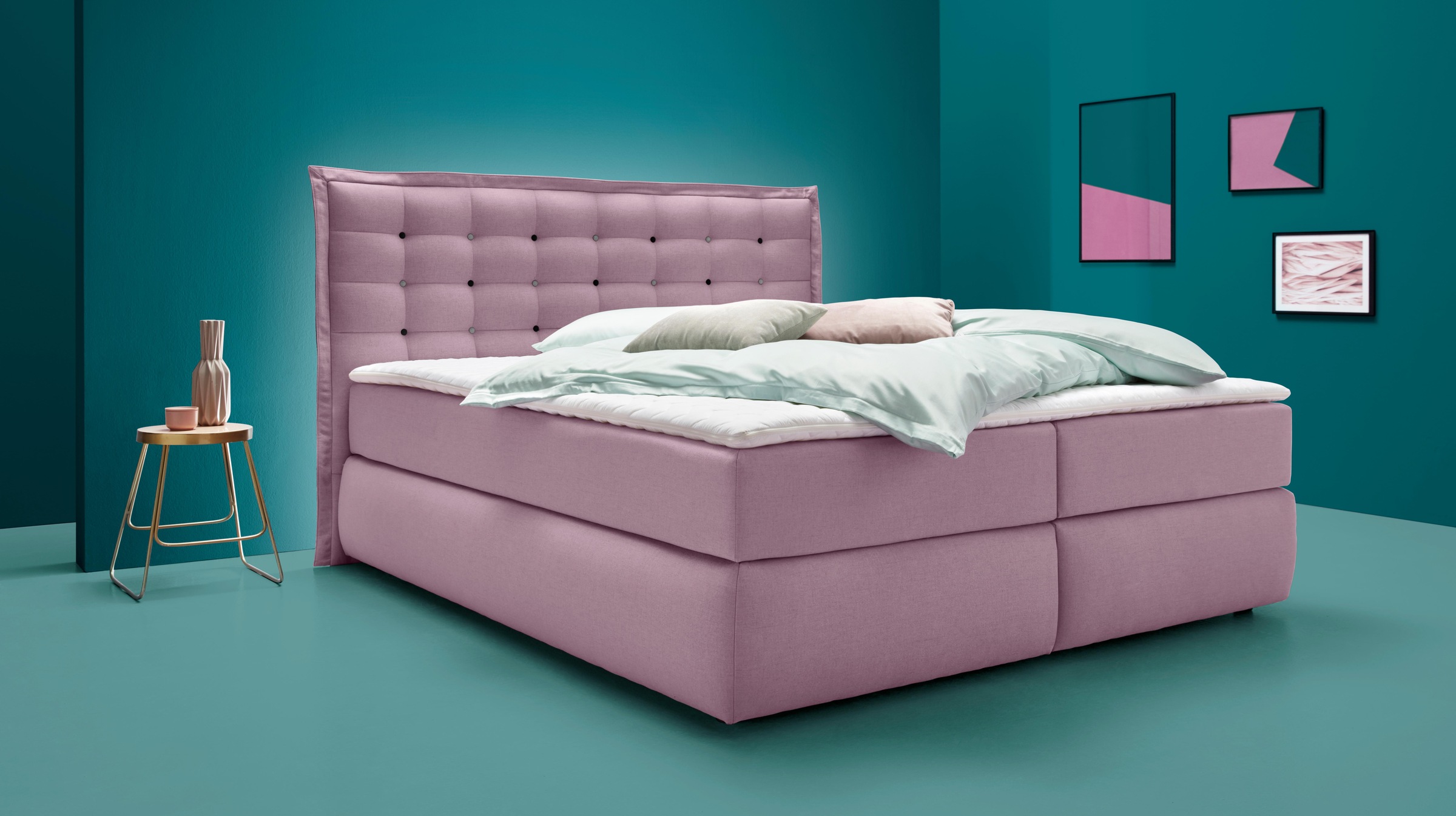 INOSIGN Boxspringbett »Sagres«, Kopfteil mit 2farbiger Flatterbiese und zweifarbigen Knöpfen