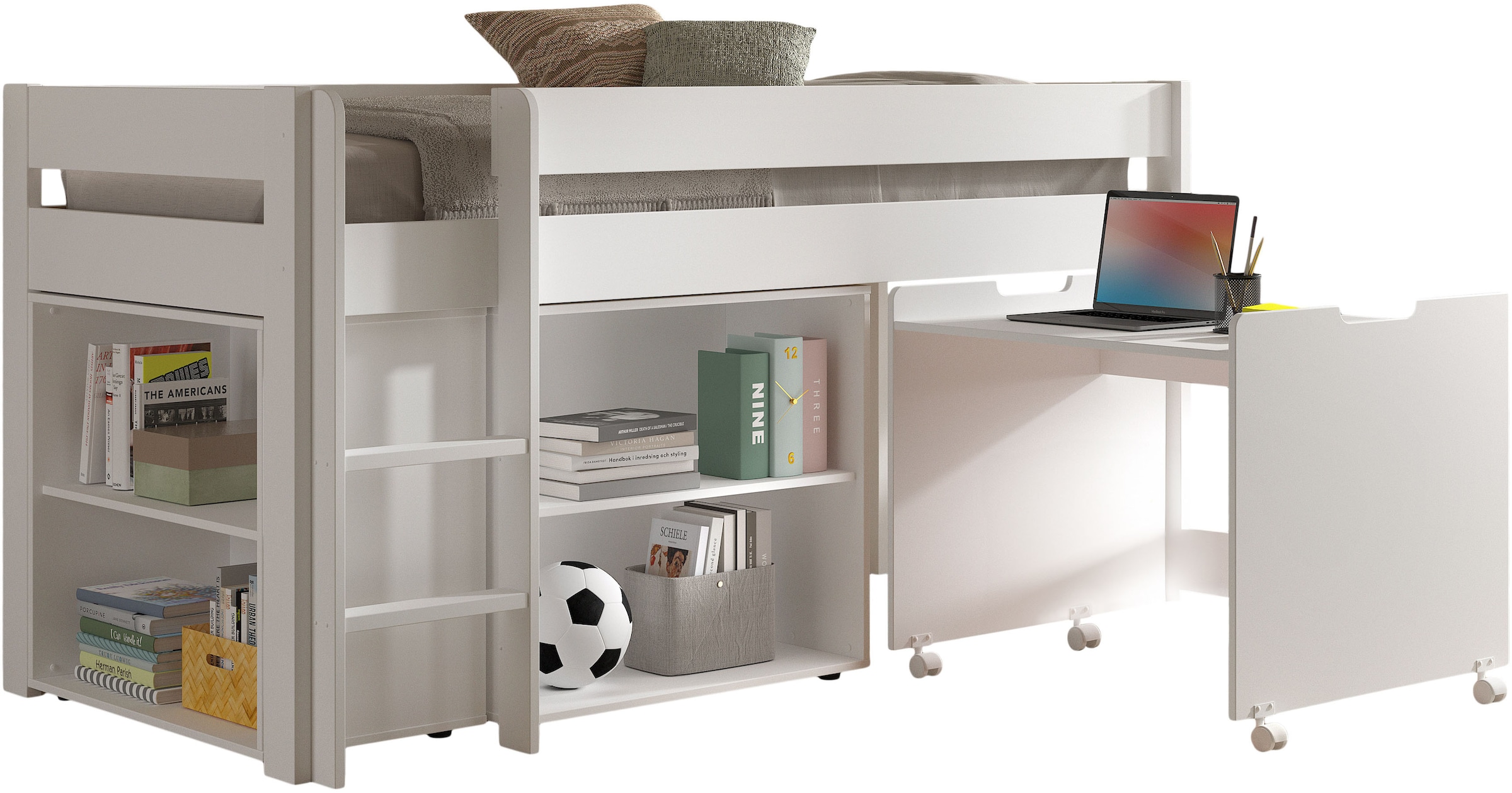 Image of Vipack Funktionsbett "Primo mit Stauraum und Schreibtisch auf Rollen unter dem Bett" Kiefer massiv, weiss lackiert, wahlweise mit 2 oder 1 Regal