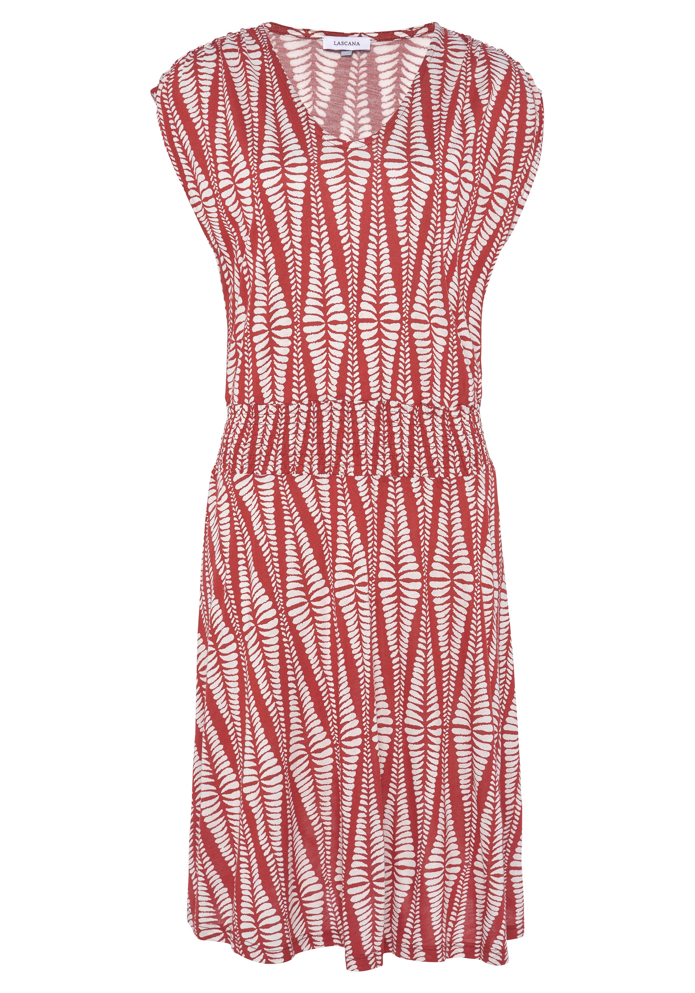 LASCANA Jerseykleid "mit breitem Smokbund und Alloverprint" Ohne Taschen kurzes Sommerkleid, Druckkleid, Viskosekleid, luftiges Strandkleid