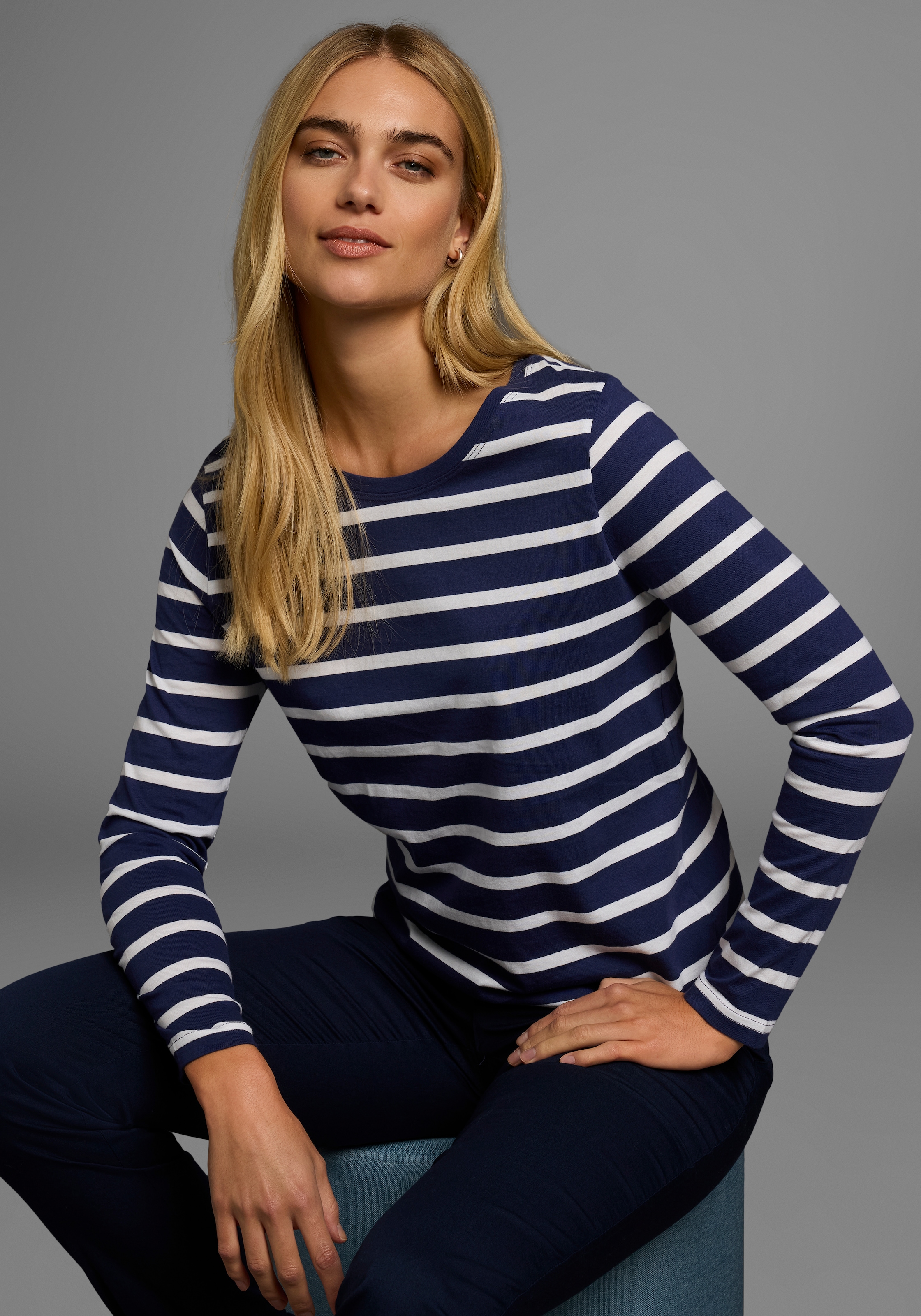 AJC Langarmshirt, gestreift, Rundhalsausschnitt, aus Baumwolle, aus Single Jersey