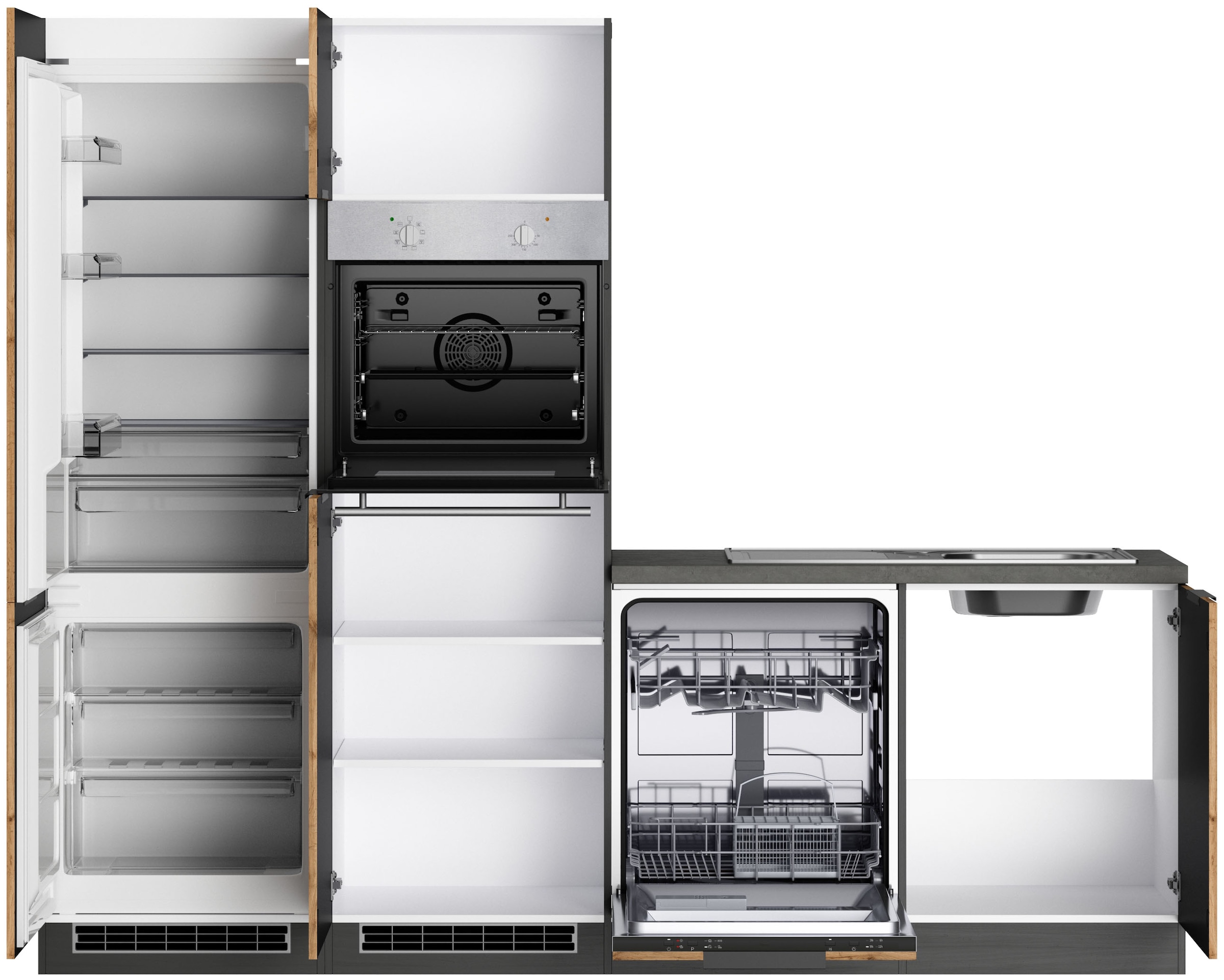 KOCHSTATION Cuisine d'angle »KS-Lagos, Stellbreite 300/240 cm« au choix avec appareils électriques, évier inox ou noir